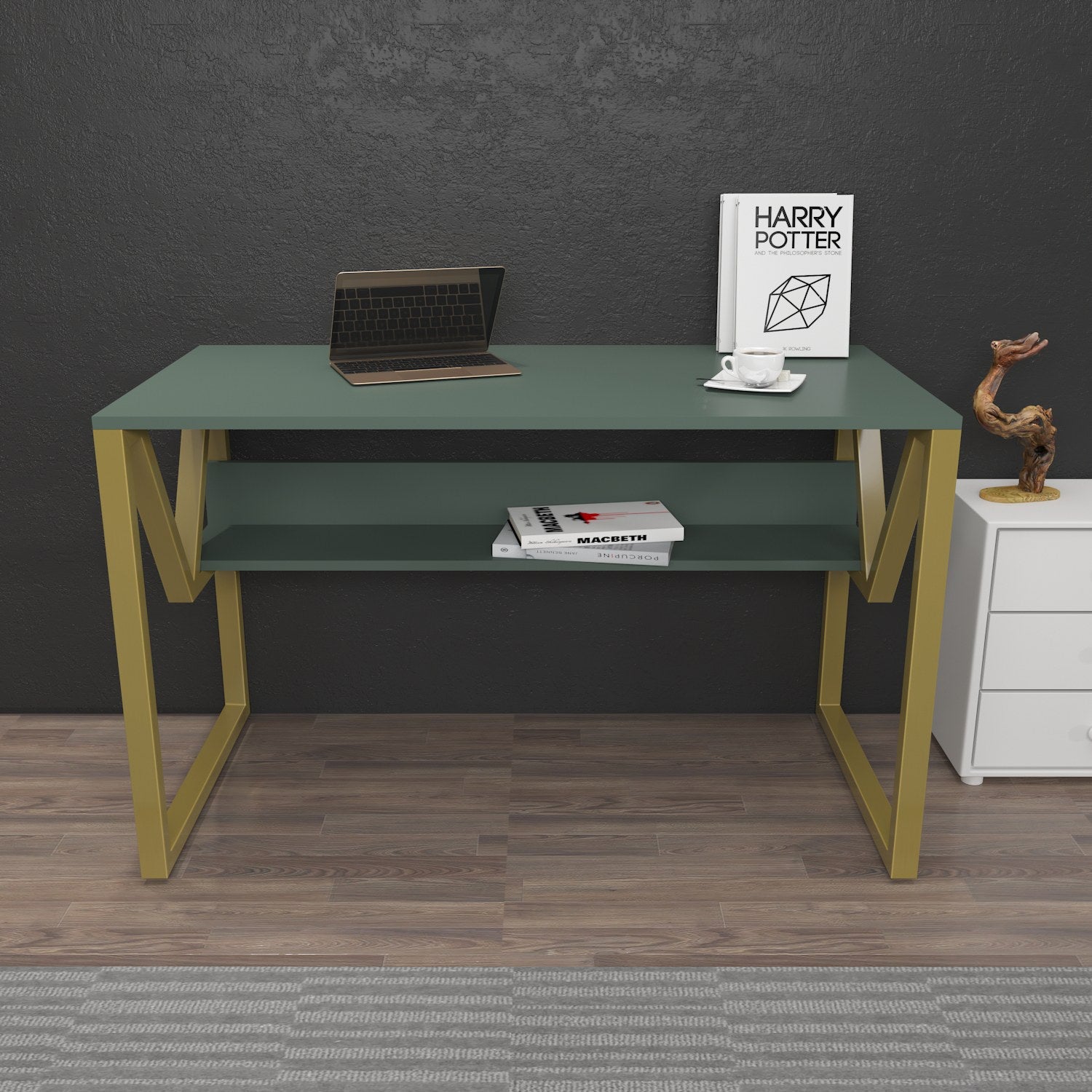Secretária de Estudo/Escritório Elegante, Verde e Dourado, 120 x 60 x 72,8 cm | Painel de Partículas 100% Revestido em Melamina, 18 mm de Espessura | Perfeita para Escritórios e Salas de Estudo Modernos