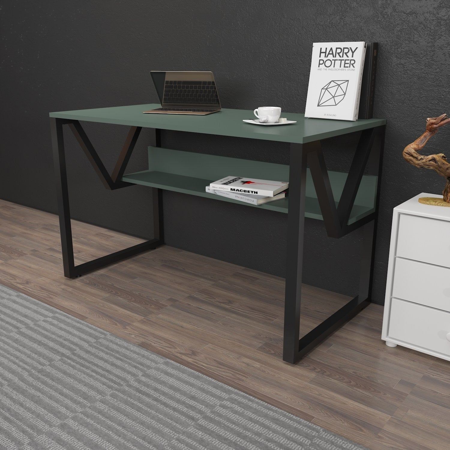 Secretária de Estudo/Escritório Elegante, Verde e Preta, 120 x 60 x 72,8 cm | Painel de Partículas 100% Revestido em Melamina, 18 mm de Espessura | Perfeita para Escritórios e Salas de Estudo Modernos