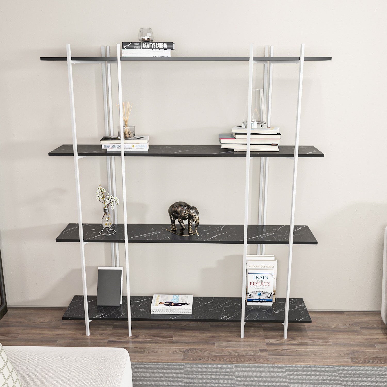 Estante elegante em preto e branco, 160 cm x 180 cm x 29,6 cm | Painel de partículas 100% revestido em melamina, 18 mm de espessura | Solução de armazenamento moderna para casa e escritório