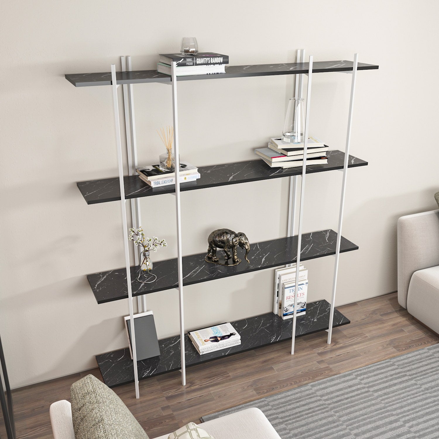 Estante elegante em preto e branco, 160 cm x 180 cm x 29,6 cm | Painel de partículas 100% revestido em melamina, 18 mm de espessura | Solução de armazenamento moderna para casa e escritório