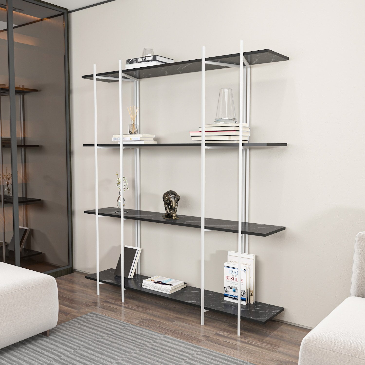 Estante elegante em preto e branco, 160 cm x 180 cm x 29,6 cm | Painel de partículas 100% revestido em melamina, 18 mm de espessura | Solução de armazenamento moderna para casa e escritório