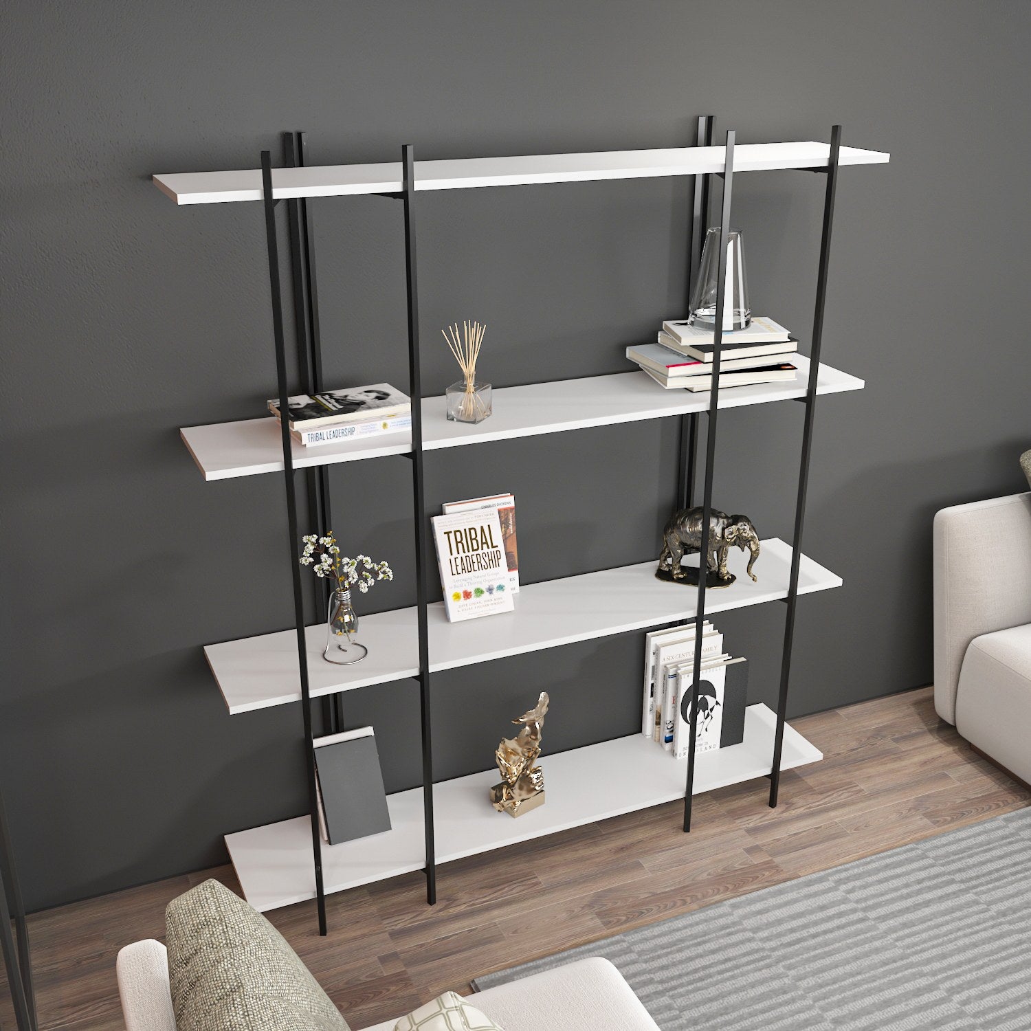 Estante estilosa, 160 cm x 180 cm x 29,6 cm, branca e preta | Painel de partículas 100% revestido de melamina, 18 mm de espessura | Perfeita para decoração moderna de casa e escritório