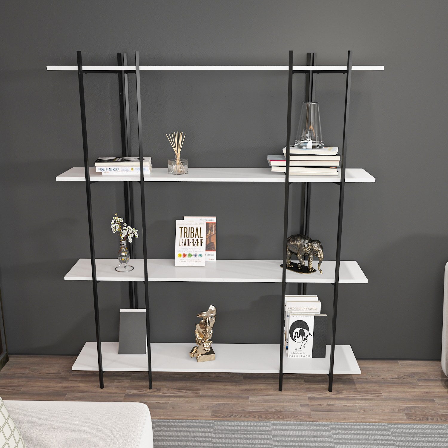 Estante estilosa, 160 cm x 180 cm x 29,6 cm, branca e preta | Painel de partículas 100% revestido de melamina, 18 mm de espessura | Perfeita para decoração moderna de casa e escritório