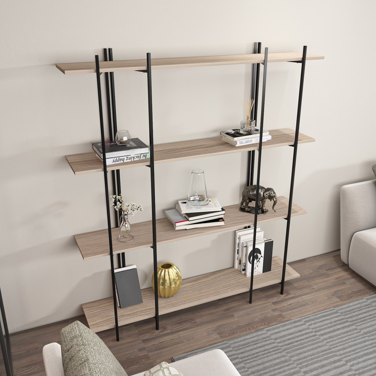 Estante elegante em carvalho e preto, 160 cm x 180 cm x 29,6 cm | Painel de partículas 100% revestido em melamina, 18 mm de espessura | Perfeita para decoração moderna de casa e escritório