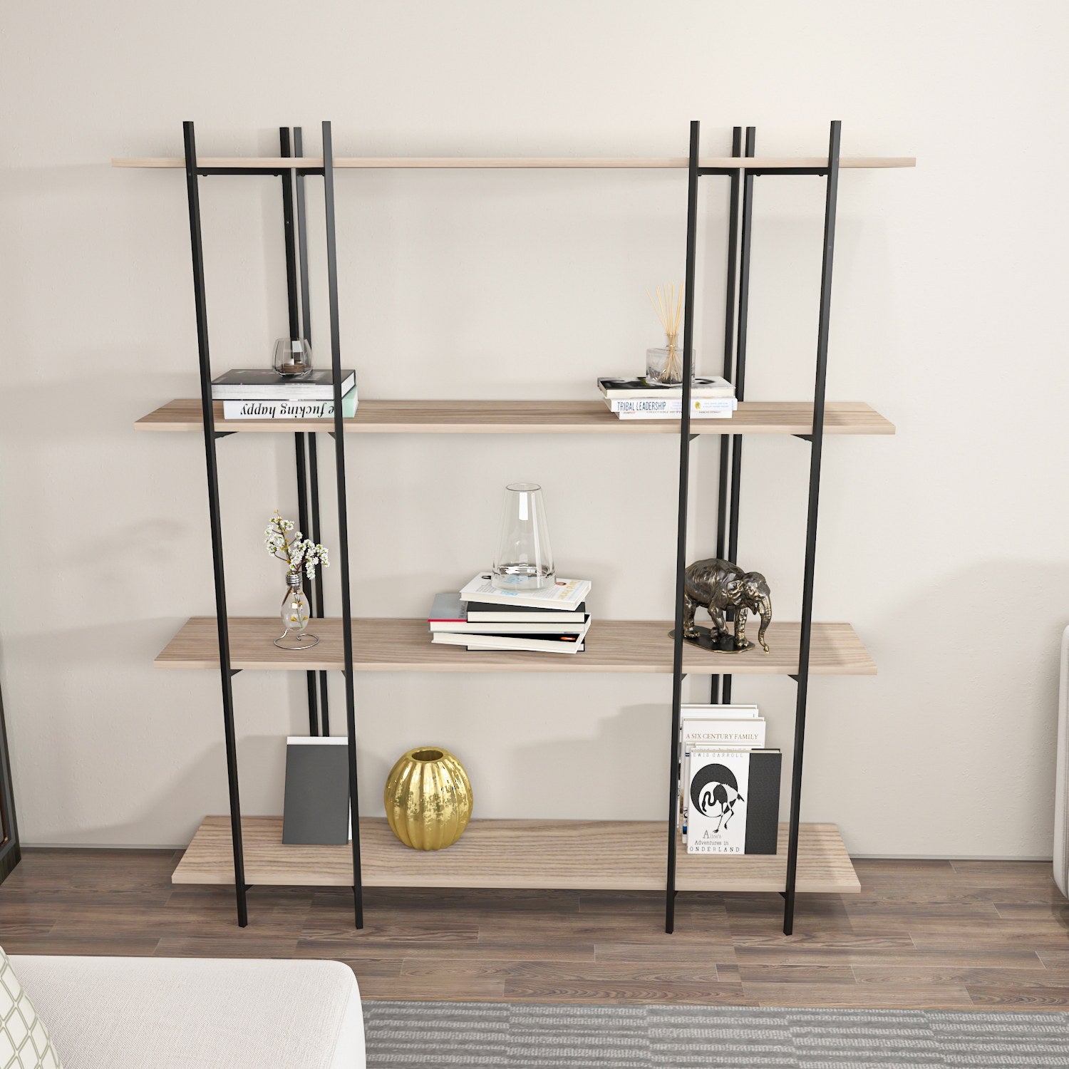Estante elegante em carvalho e preto, 160 cm x 180 cm x 29,6 cm | Painel de partículas 100% revestido em melamina, 18 mm de espessura | Perfeita para decoração moderna de casa e escritório