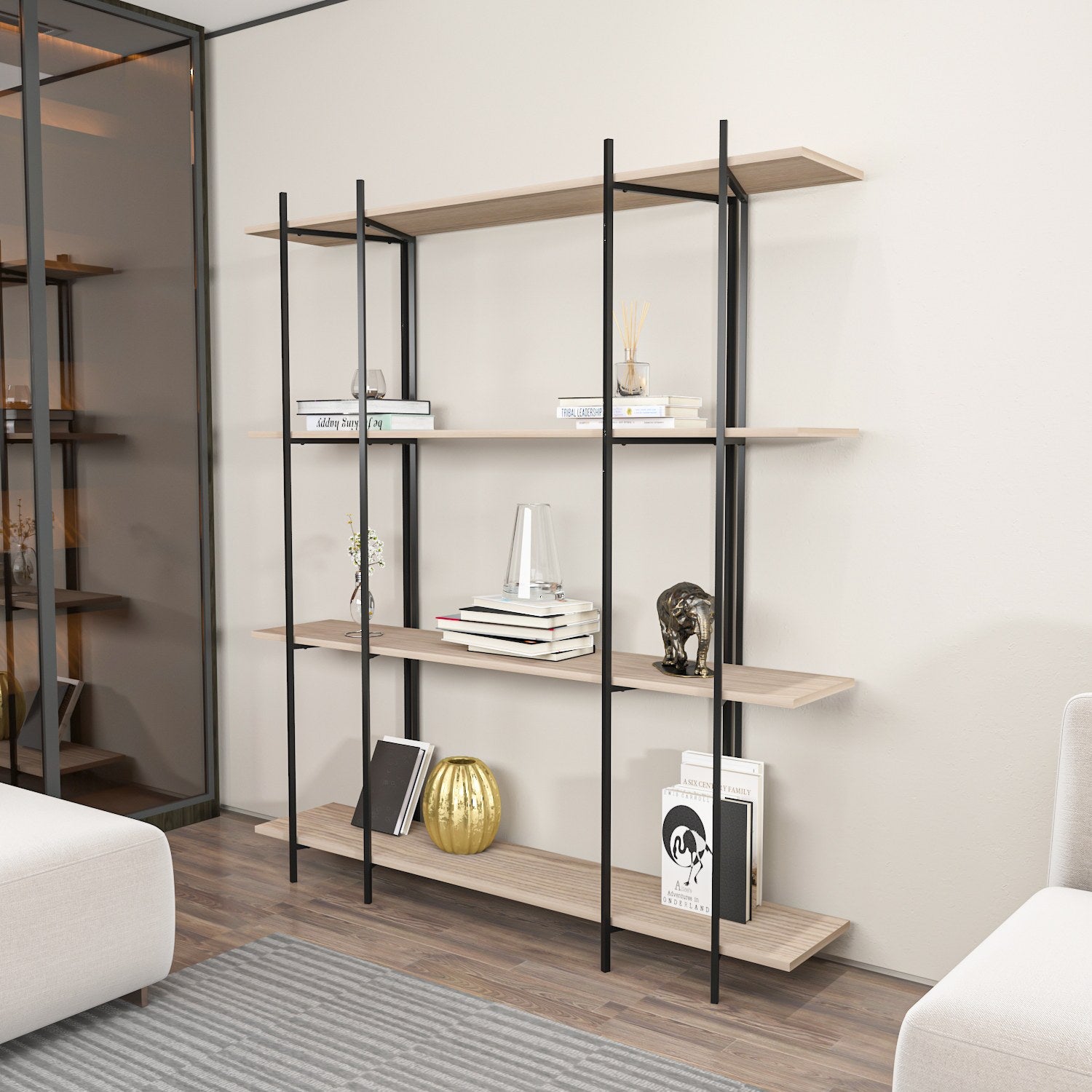Estante elegante em carvalho e preto, 160 cm x 180 cm x 29,6 cm | Painel de partículas 100% revestido em melamina, 18 mm de espessura | Perfeita para decoração moderna de casa e escritório