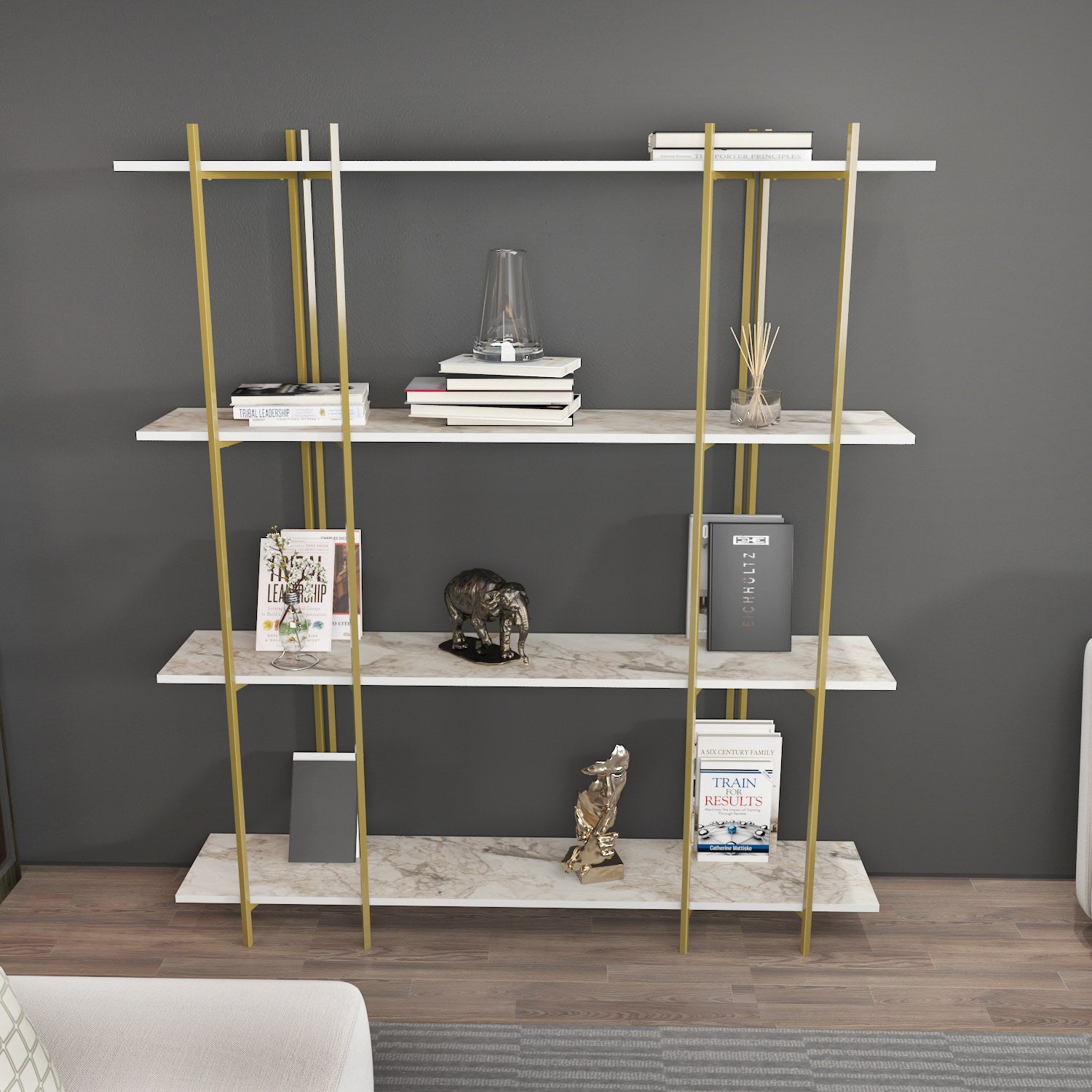 Estante elegante – 160 cm x 180 cm x 29,6 cm – Branco e Dourado – Painéis de partículas revestidos em melamina