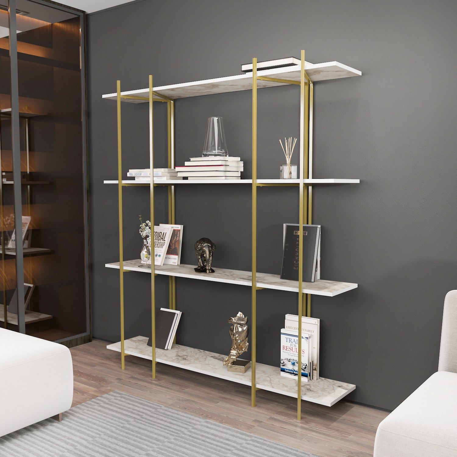 Estante elegante – 160 cm x 180 cm x 29,6 cm – Branco e Dourado – Painéis de partículas revestidos em melamina
