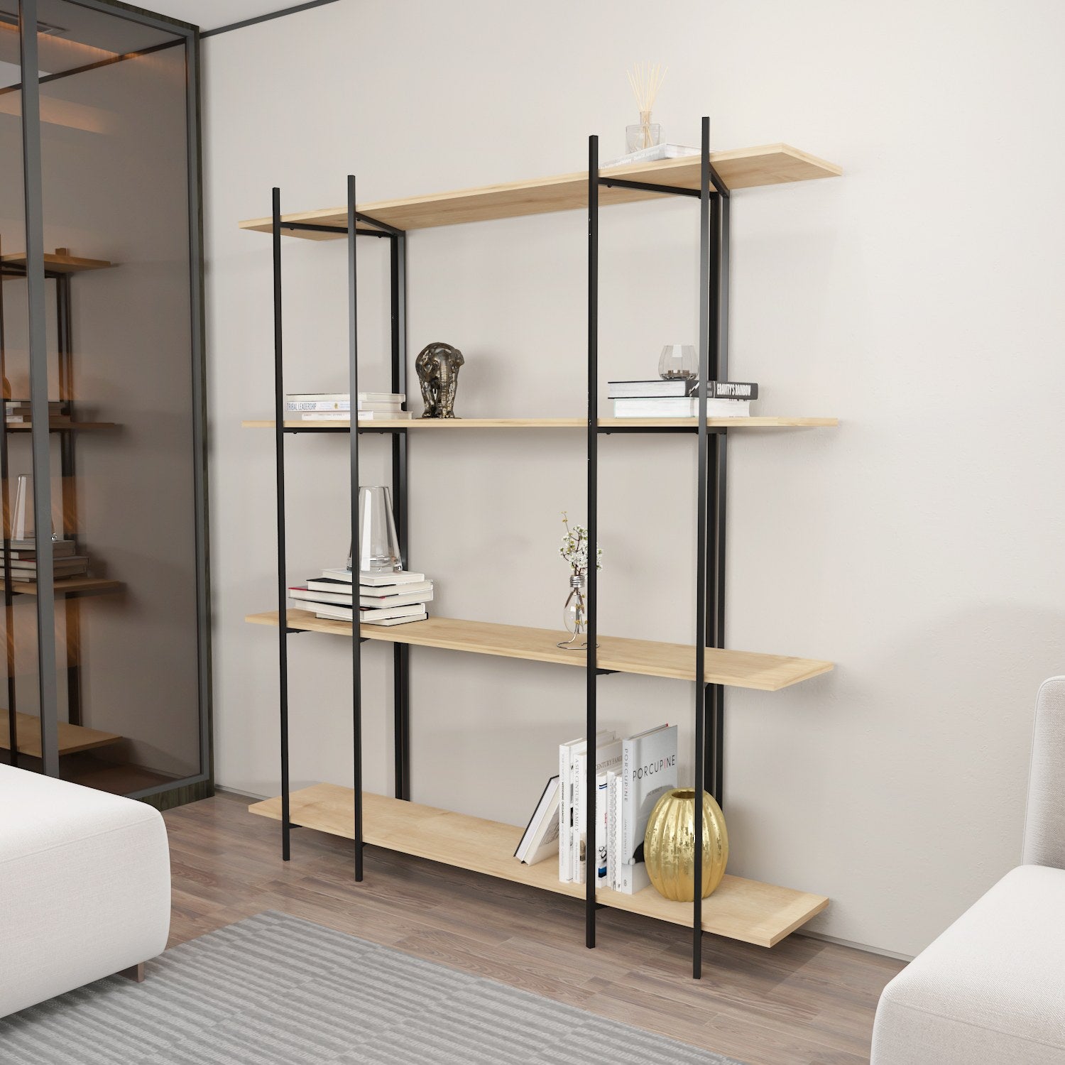 Estante elegante em carvalho e preto, 160 cm x 180 cm x 29,6 cm | Painel de partículas 100% revestido em melamina, 18 mm de espessura | Perfeita para decoração moderna de casa e escritório