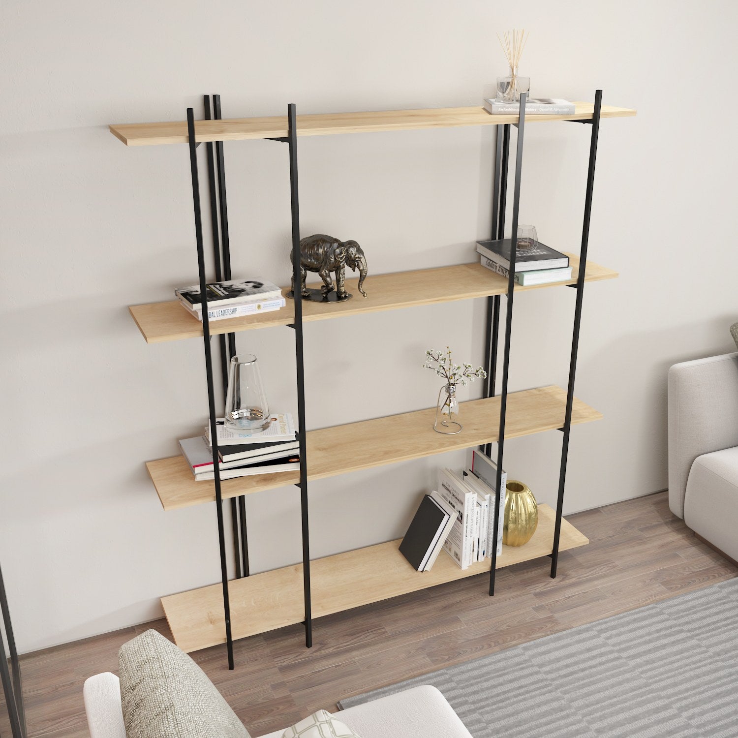 Estante elegante em carvalho e preto, 160 cm x 180 cm x 29,6 cm | Painel de partículas 100% revestido em melamina, 18 mm de espessura | Perfeita para decoração moderna de casa e escritório