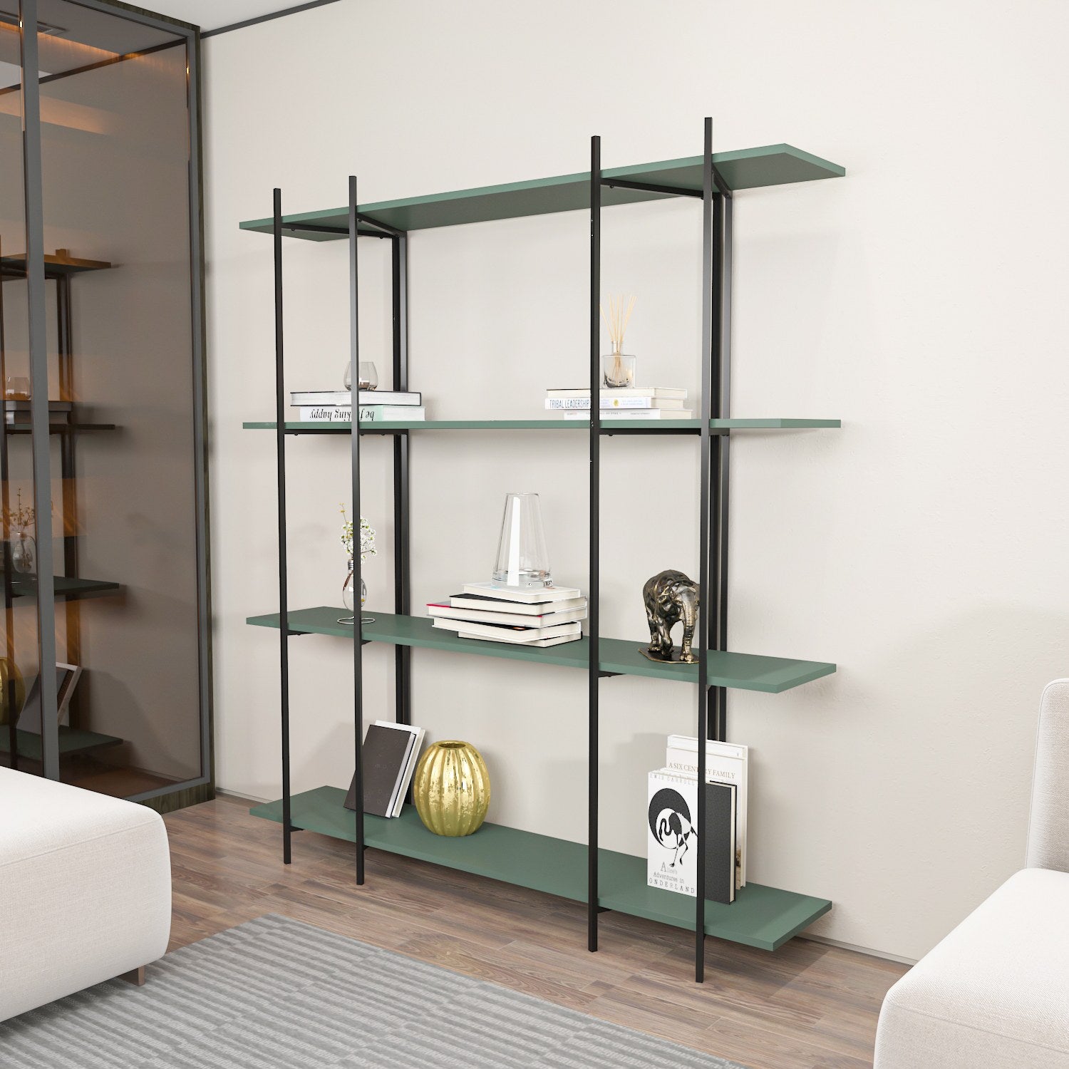 Estante – 160 cm x 180 cm x 29,6 cm – verde e preto – painel de partículas revestido a melamina