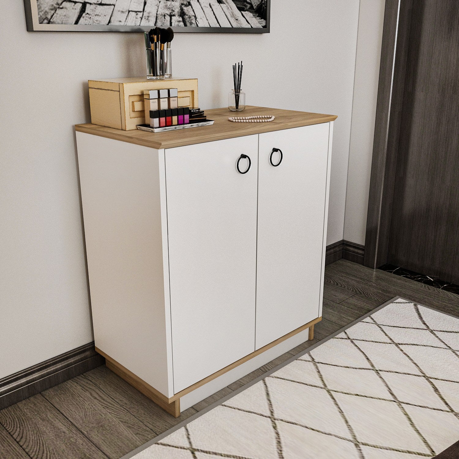 Aparador Elegante, Branco e Nogueira, 72 cm x 83,1 cm x 42 cm | Painel de Partículas 100% Revestido em Melamina, 18 mm de Espessura | Perfeita para Espaços Modernos