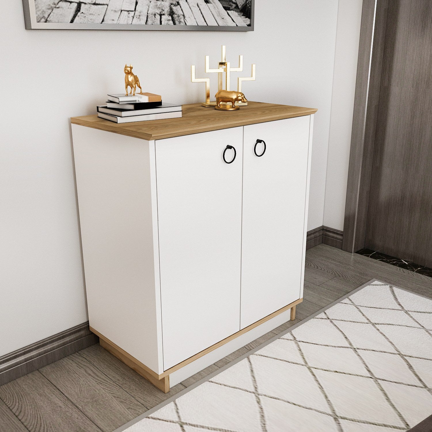 Aparador Elegante, Branco e Carvalho, 72 cm x 83,1 cm x 42 cm | Painel de Partículas 100% Revestido com Melamina, 18 mm de Espessura | Perfeita para Salas de Estar e Corredores Modernos