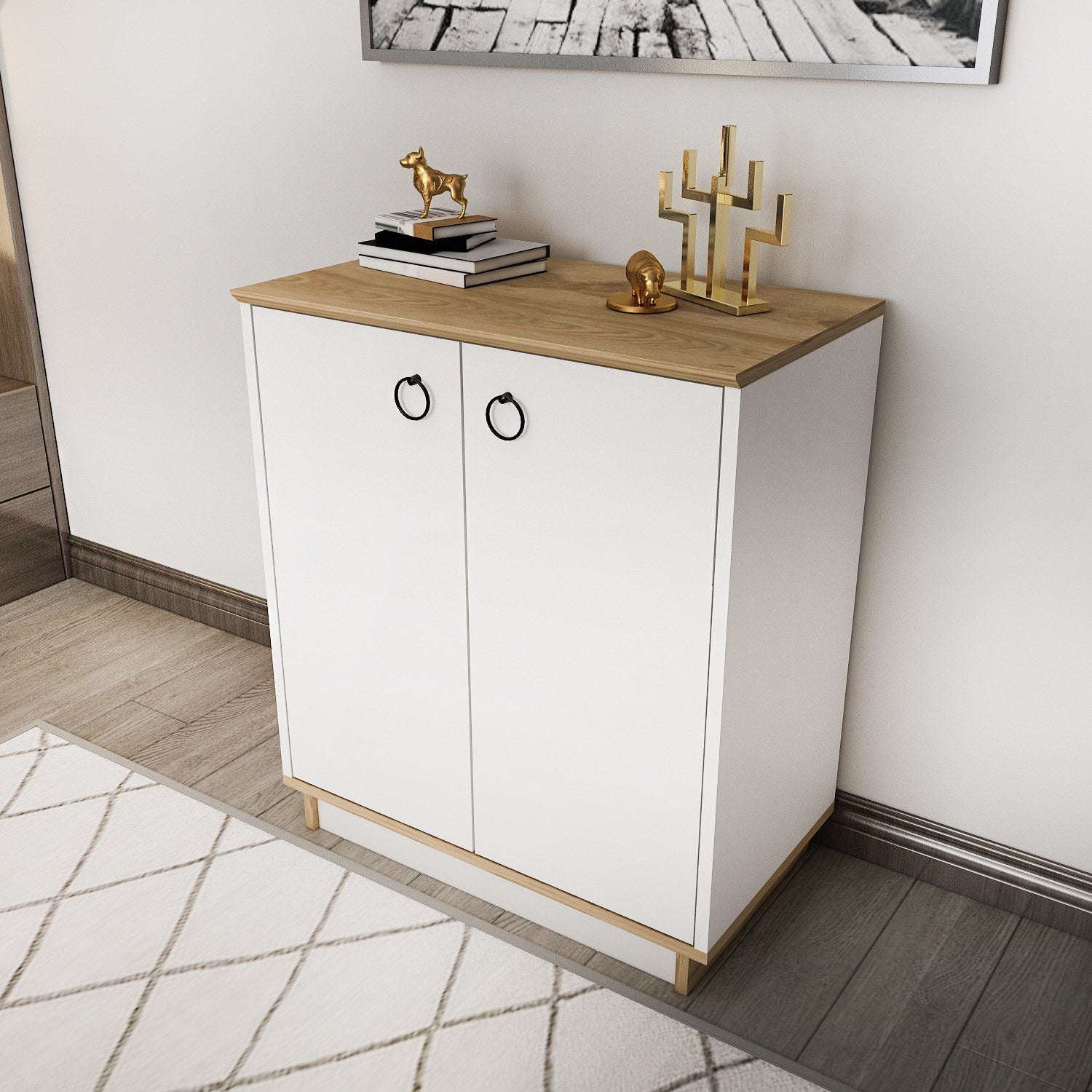 Aparador Elegante, Branco e Carvalho, 72 cm x 83,1 cm x 42 cm | Painel de Partículas 100% Revestido com Melamina, 18 mm de Espessura | Perfeita para Salas de Estar e Corredores Modernos