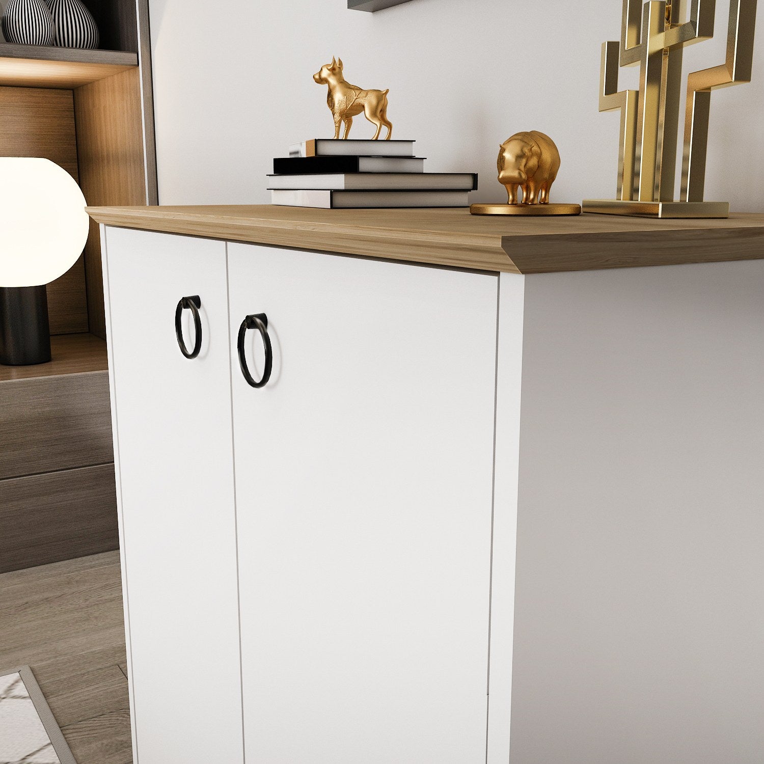 Aparador Elegante, Branco e Carvalho, 72 cm x 83,1 cm x 42 cm | Painel de Partículas 100% Revestido com Melamina, 18 mm de Espessura | Perfeita para Salas de Estar e Corredores Modernos