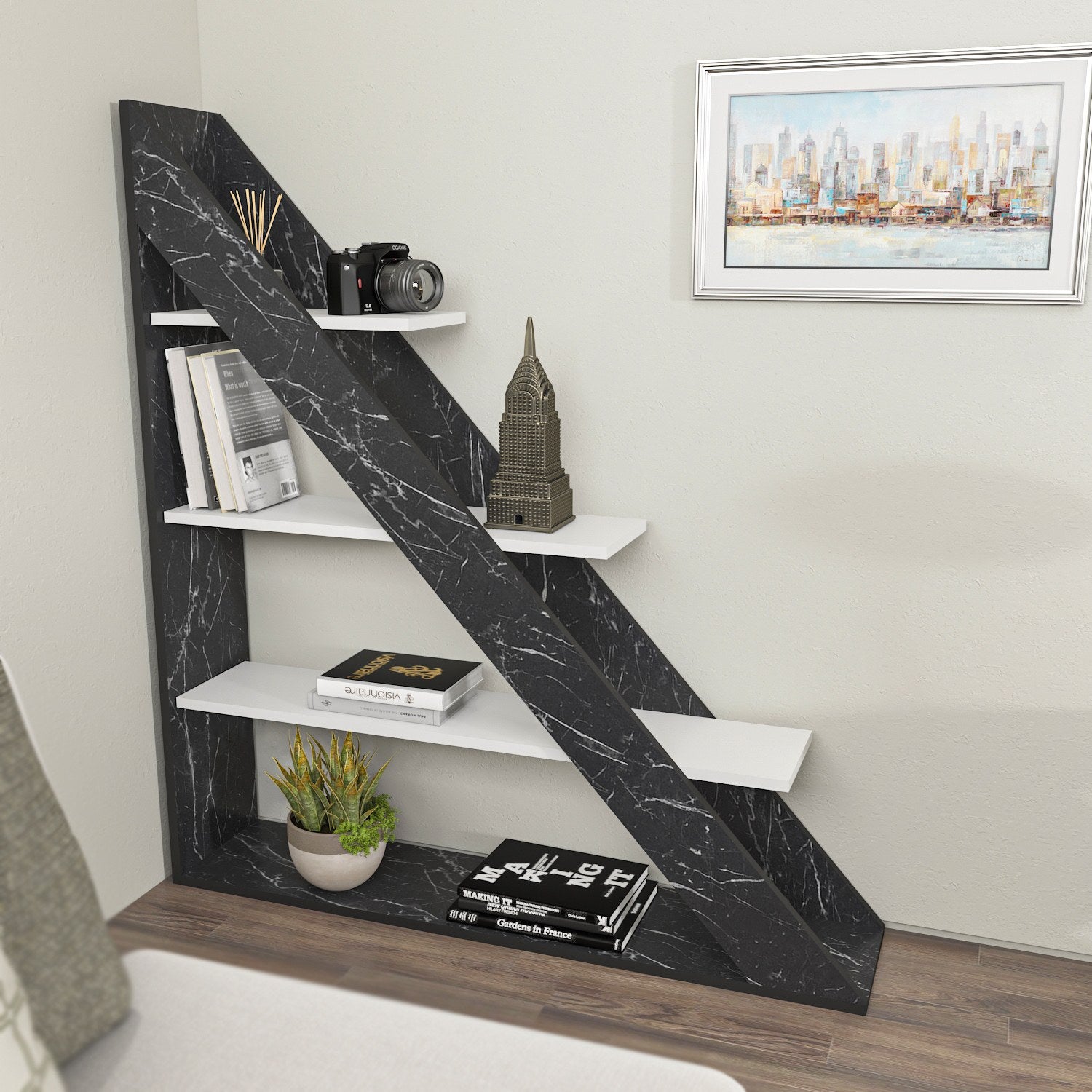 Estante elegante em mármore e branco, 120 cm x 131,8 cm x 25 cm | Painel de partículas 100% revestido em melamina, 18 mm de espessura | Armazenamento elegante para casas modernas