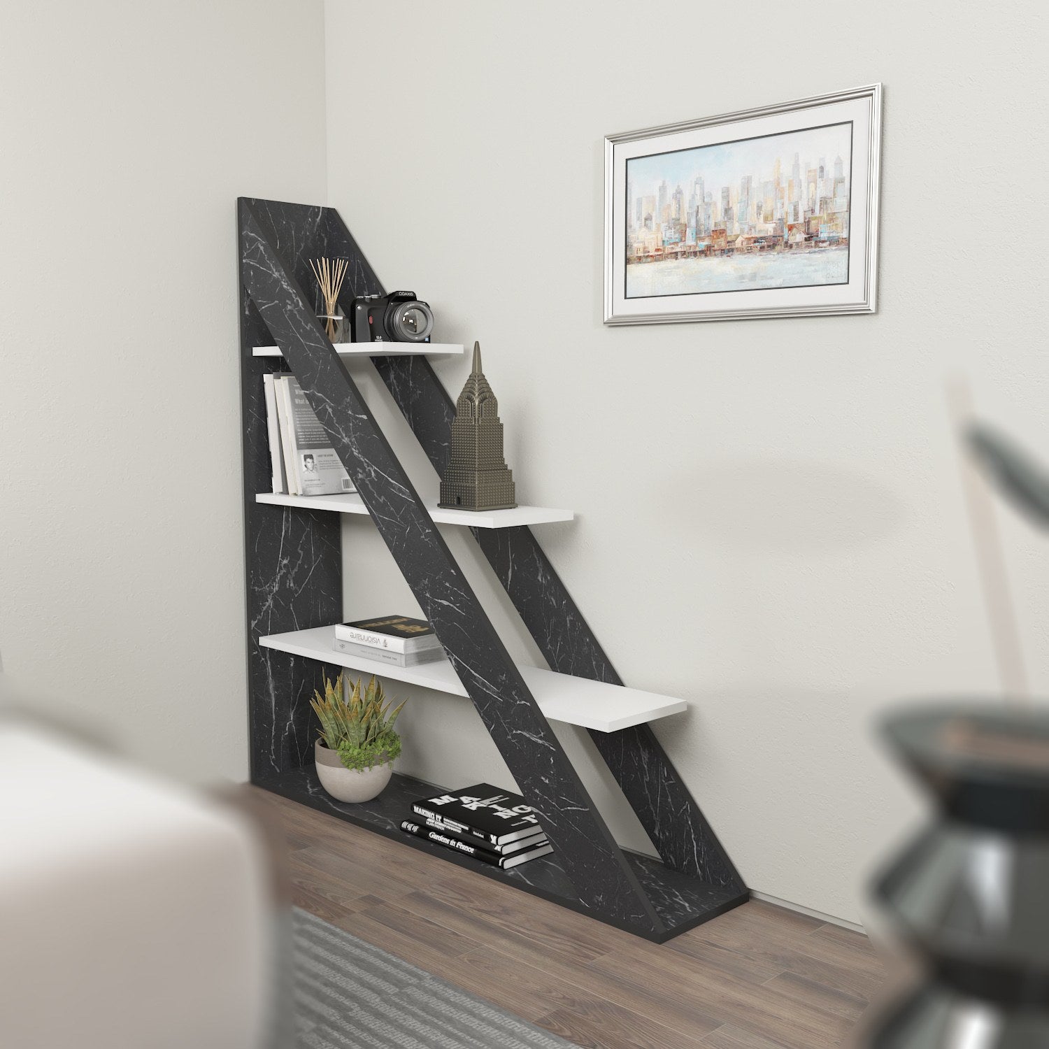 Estante elegante em mármore e branco, 120 cm x 131,8 cm x 25 cm | Painel de partículas 100% revestido em melamina, 18 mm de espessura | Armazenamento elegante para casas modernas
