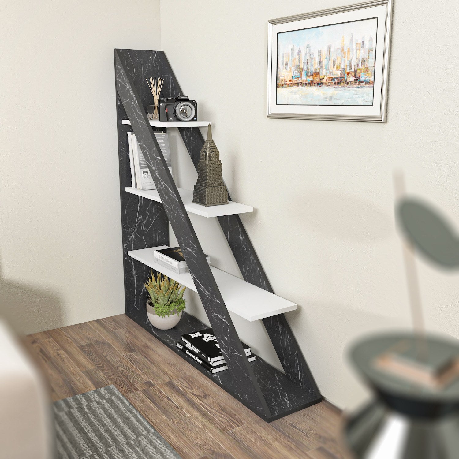 Estante elegante em mármore e branco, 120 cm x 131,8 cm x 25 cm | Painel de partículas 100% revestido em melamina, 18 mm de espessura | Armazenamento elegante para casas modernas