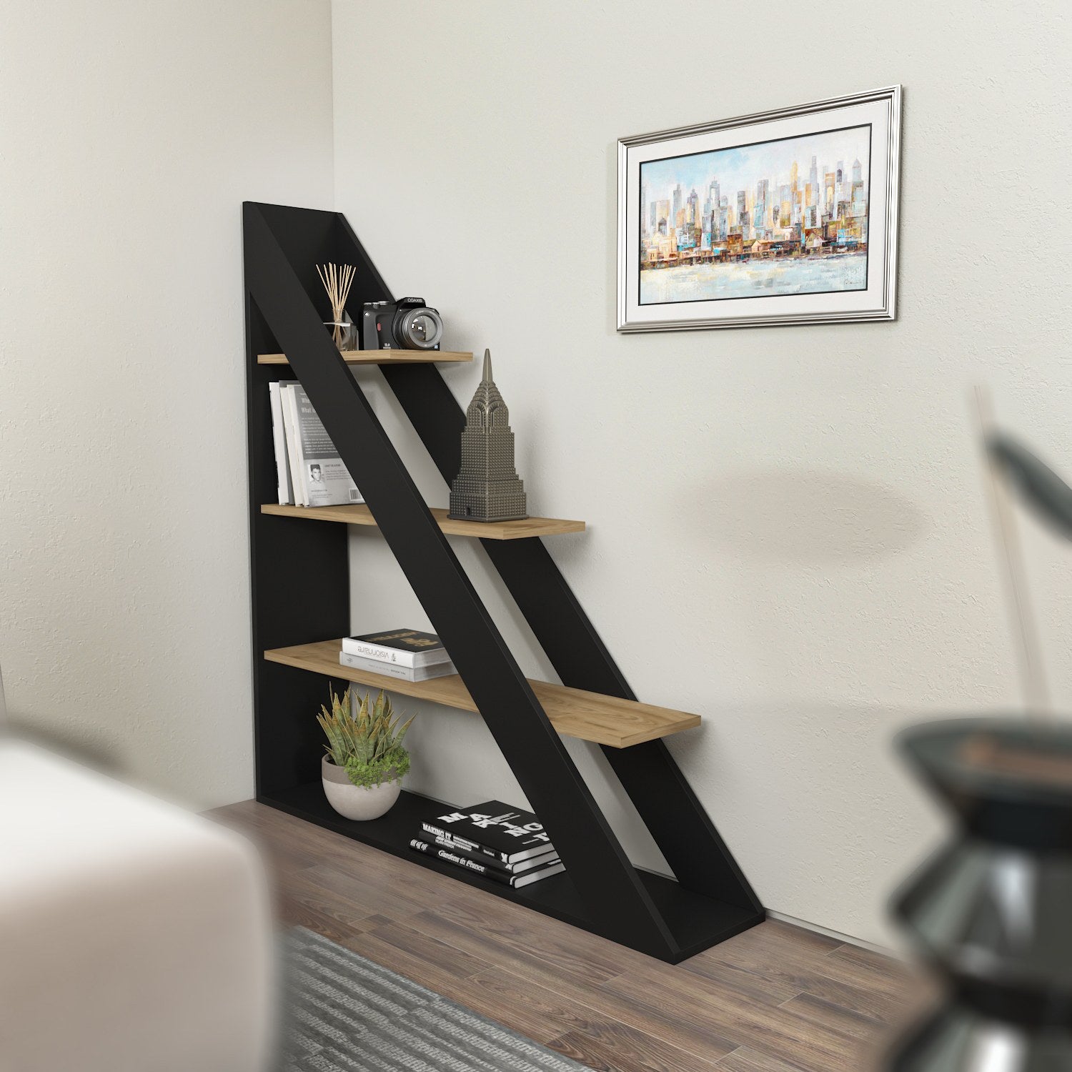 Estante elegante em preto e carvalho, 120 cm x 131,8 cm x 25 cm | Painel de partículas 100% revestido em melamina, 18 mm de espessura | Perfeita para decoração moderna de casa e escritório