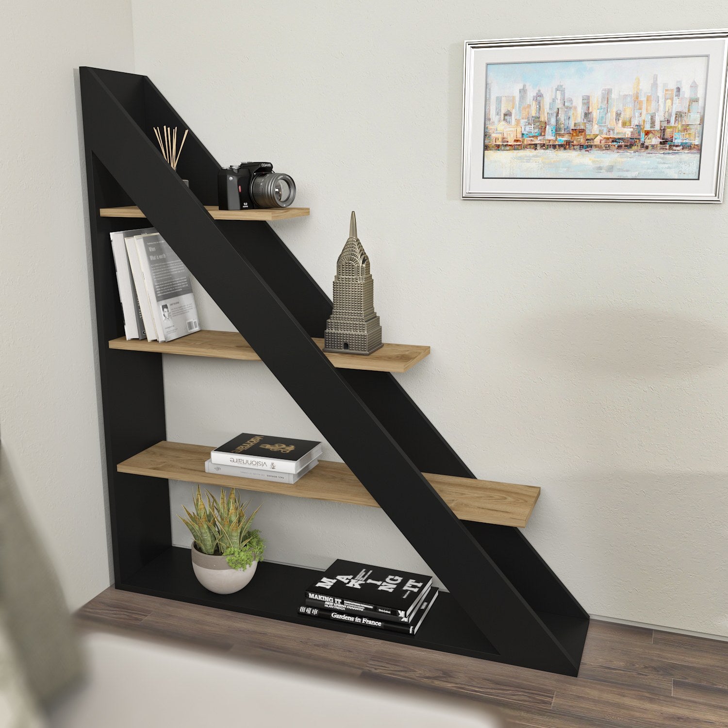 Estante elegante em preto e carvalho, 120 cm x 131,8 cm x 25 cm | Painel de partículas 100% revestido em melamina, 18 mm de espessura | Perfeita para decoração moderna de casa e escritório