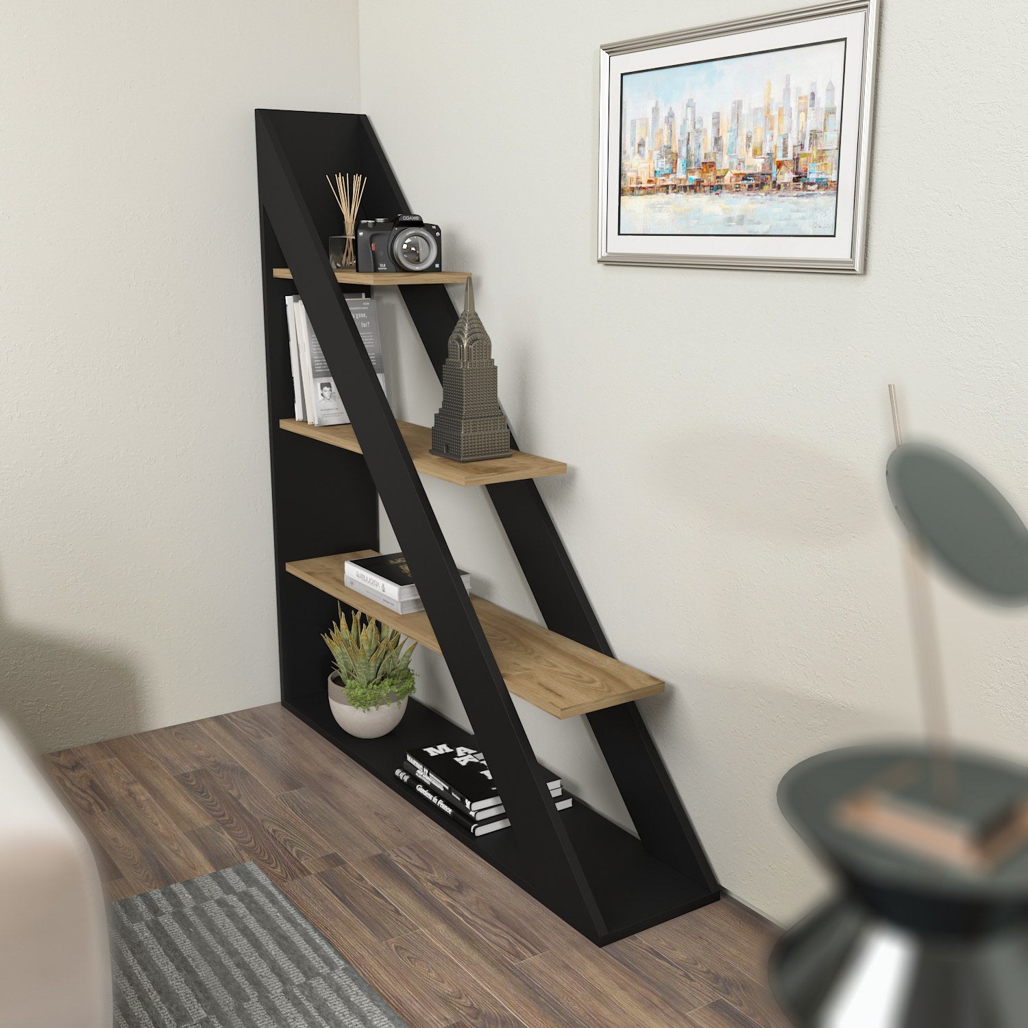 Estante elegante em preto e carvalho, 120 cm x 131,8 cm x 25 cm | Painel de partículas 100% revestido em melamina, 18 mm de espessura | Perfeita para decoração moderna de casa e escritório