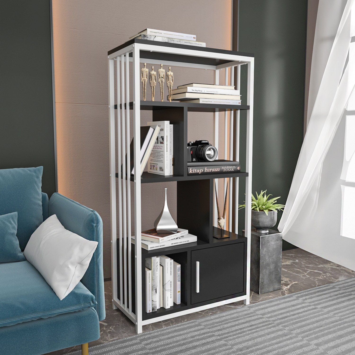 Estante elegante, branca e antracite, 60 x 120 x 29,6 cm | Painel de partículas 100% revestido de melamina, 18 mm de espessura | Perfeito para decoração moderna de casa e escritório