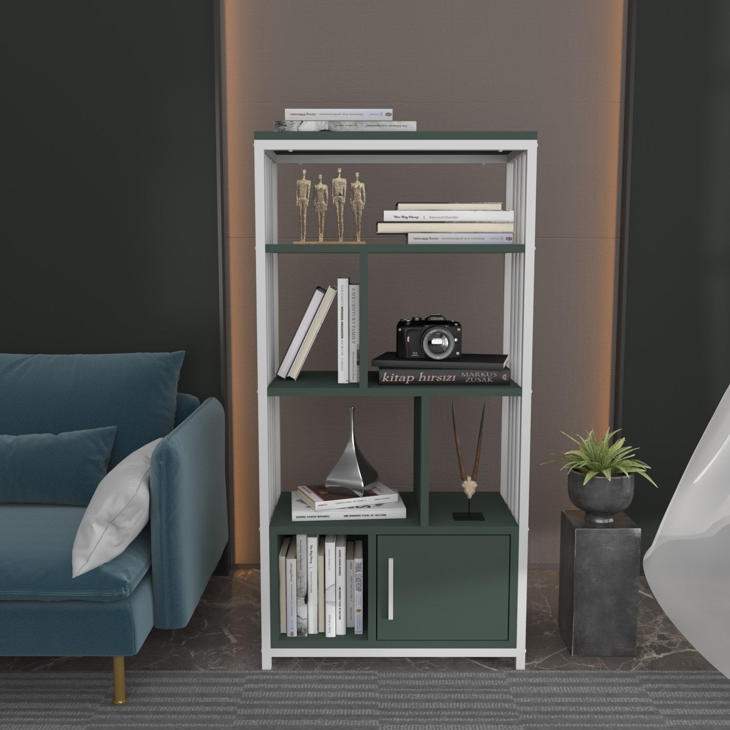 Estante elegante em verde e branco, 60 cm x 120 cm x 29,6 cm | Painel de partículas 100% revestido em melamina, 18 mm de espessura | Perfeita para decoração moderna de casa e escritório