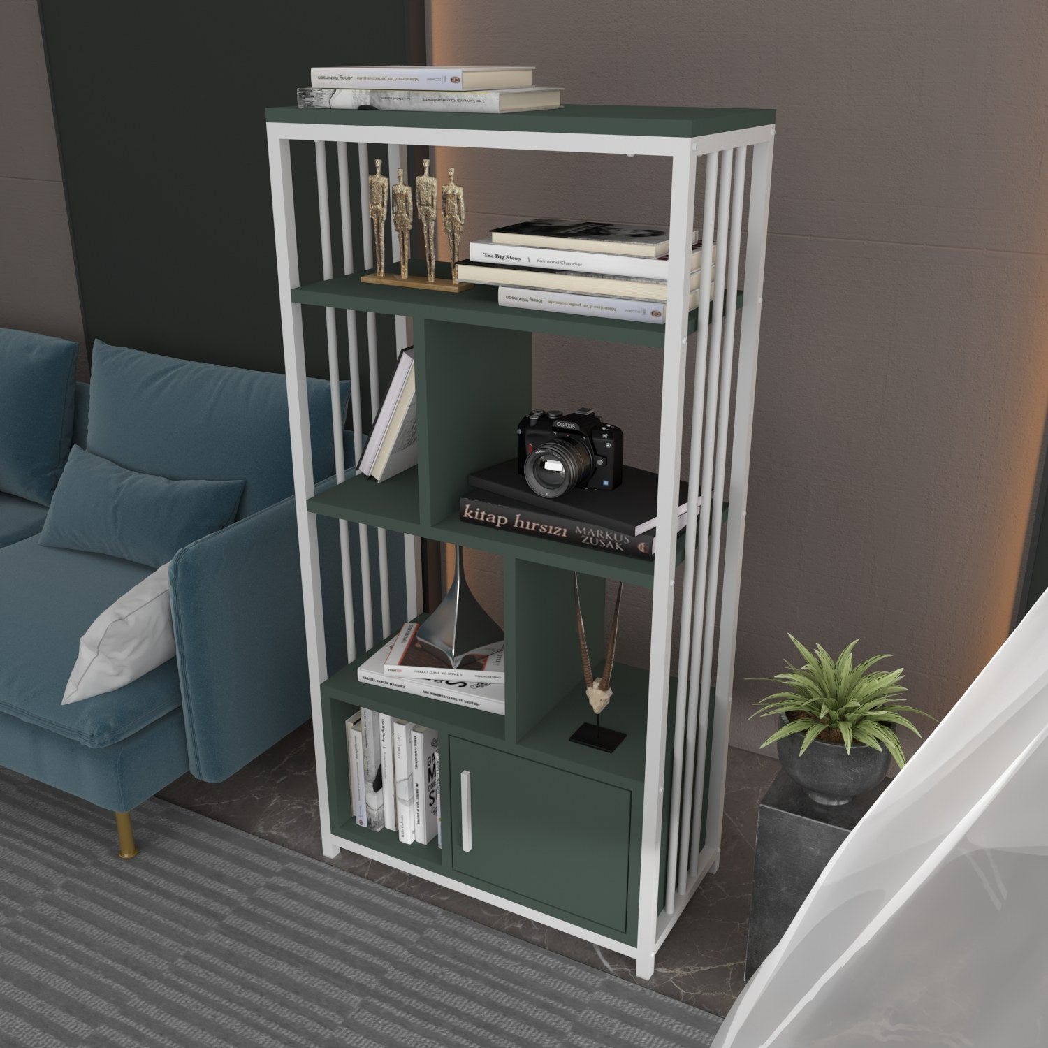 Estante elegante em verde e branco, 60 cm x 120 cm x 29,6 cm | Painel de partículas 100% revestido em melamina, 18 mm de espessura | Perfeita para decoração moderna de casa e escritório
