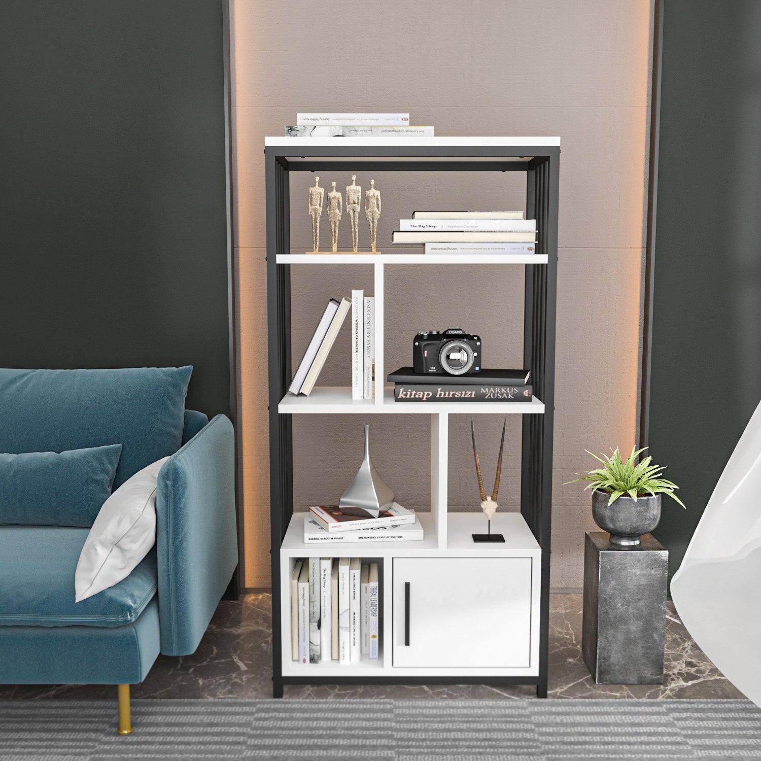 Estante estilosa, branca e preta, 60 x 120 x 29,6 cm | Painel de partículas 100% revestido em melamina, 18 mm de espessura | Perfeita para decoração moderna de casa e escritório