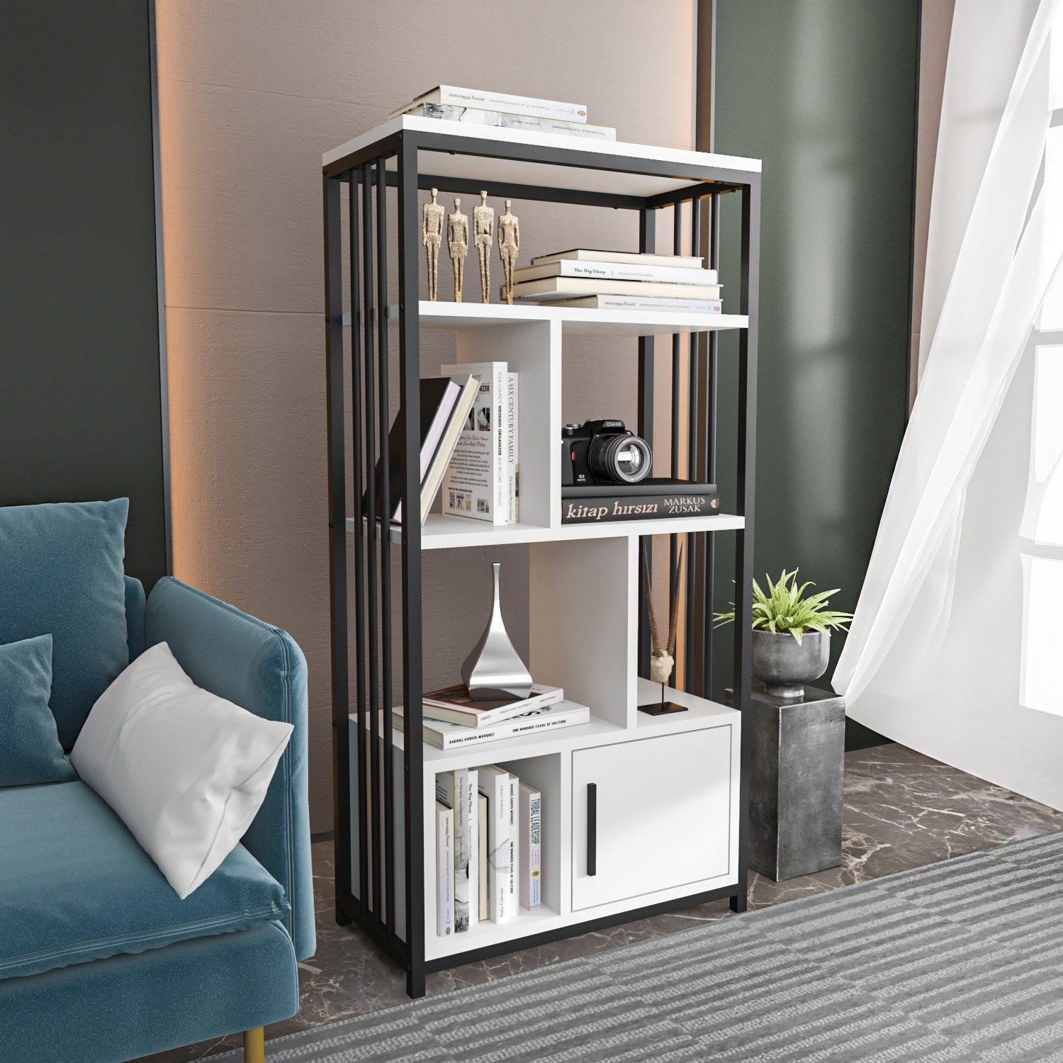 Estante estilosa, branca e preta, 60 x 120 x 29,6 cm | Painel de partículas 100% revestido em melamina, 18 mm de espessura | Perfeita para decoração moderna de casa e escritório