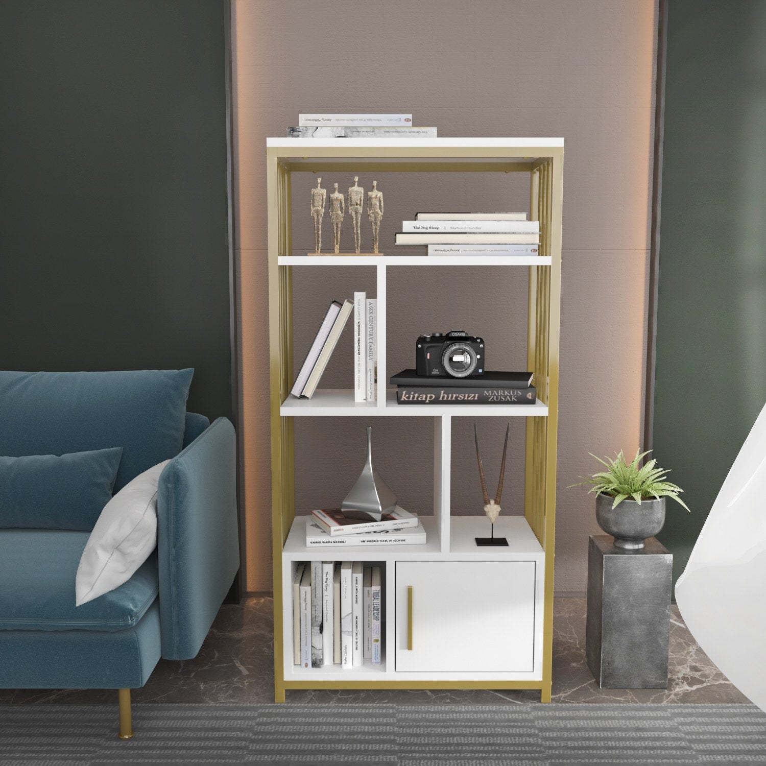 Estante elegante em branco e dourado, 60 cm x 120 cm x 29,6 cm | Painel de partículas 100% revestido em melamina, 18 mm de espessura | Armazenamento elegante para casas modernas