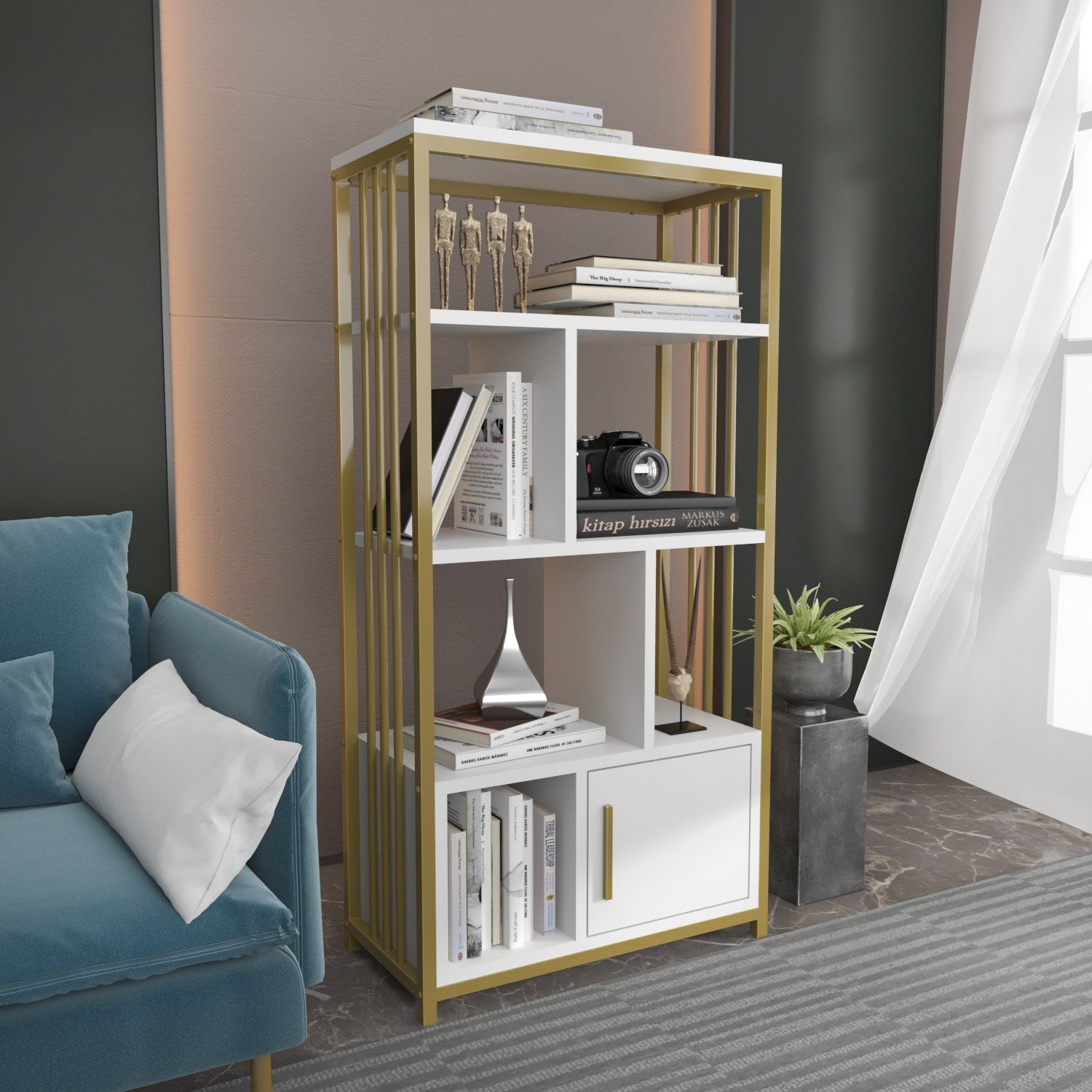 Estante elegante em branco e dourado, 60 cm x 120 cm x 29,6 cm | Painel de partículas 100% revestido em melamina, 18 mm de espessura | Armazenamento elegante para casas modernas