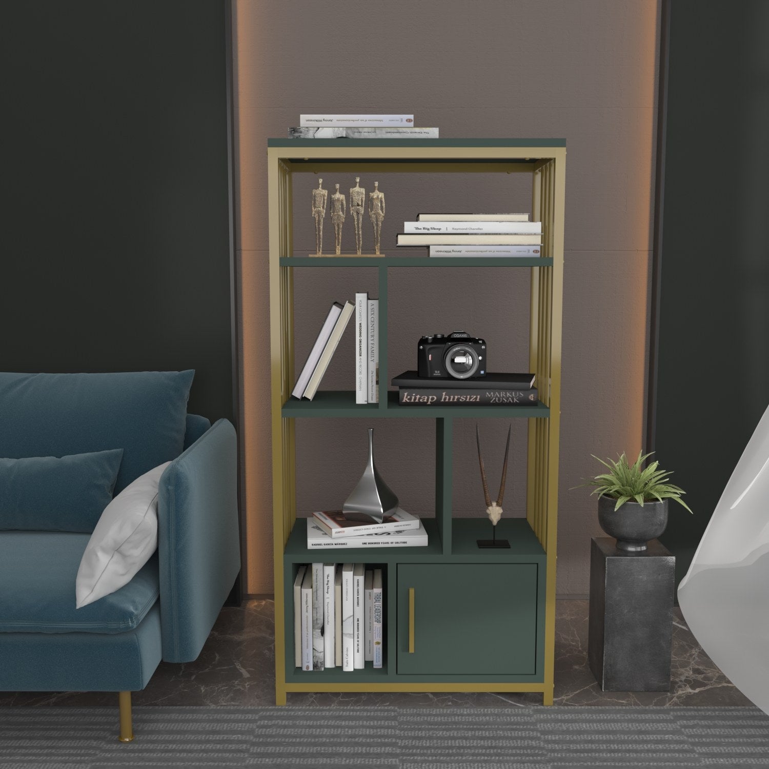 Estante elegante verde e dourada, 60 cm x 120 cm x 29,6 cm | Painel de partículas 100% revestido de melamina, 18 mm de espessura | Armazenamento elegante para espaços modernos