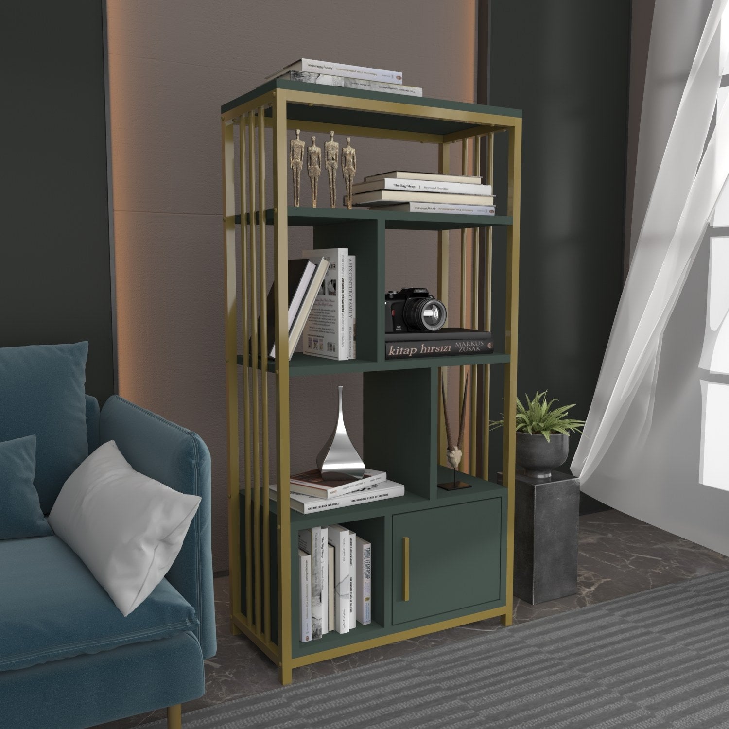 Estante elegante verde e dourada, 60 cm x 120 cm x 29,6 cm | Painel de partículas 100% revestido de melamina, 18 mm de espessura | Armazenamento elegante para espaços modernos