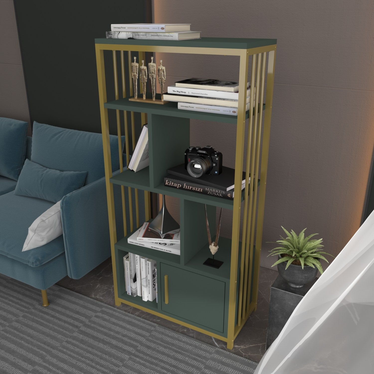 Estante elegante verde e dourada, 60 cm x 120 cm x 29,6 cm | Painel de partículas 100% revestido de melamina, 18 mm de espessura | Armazenamento elegante para espaços modernos