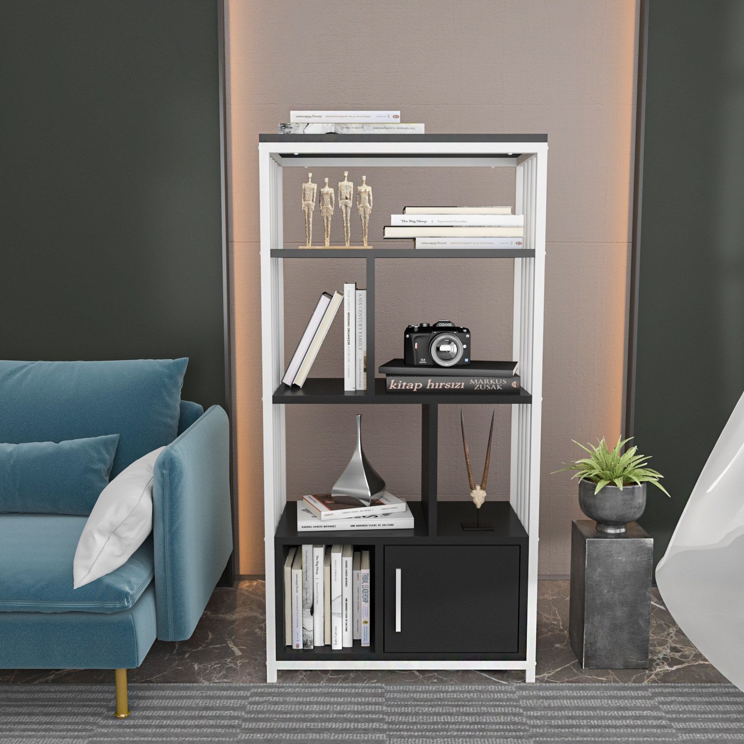 Estante elegante em preto e branco, 60 cm x 120 cm x 29,6 cm | Painel de partículas 100% revestido em melamina, 18 mm de espessura | Perfeita para decoração moderna de casa e escritório