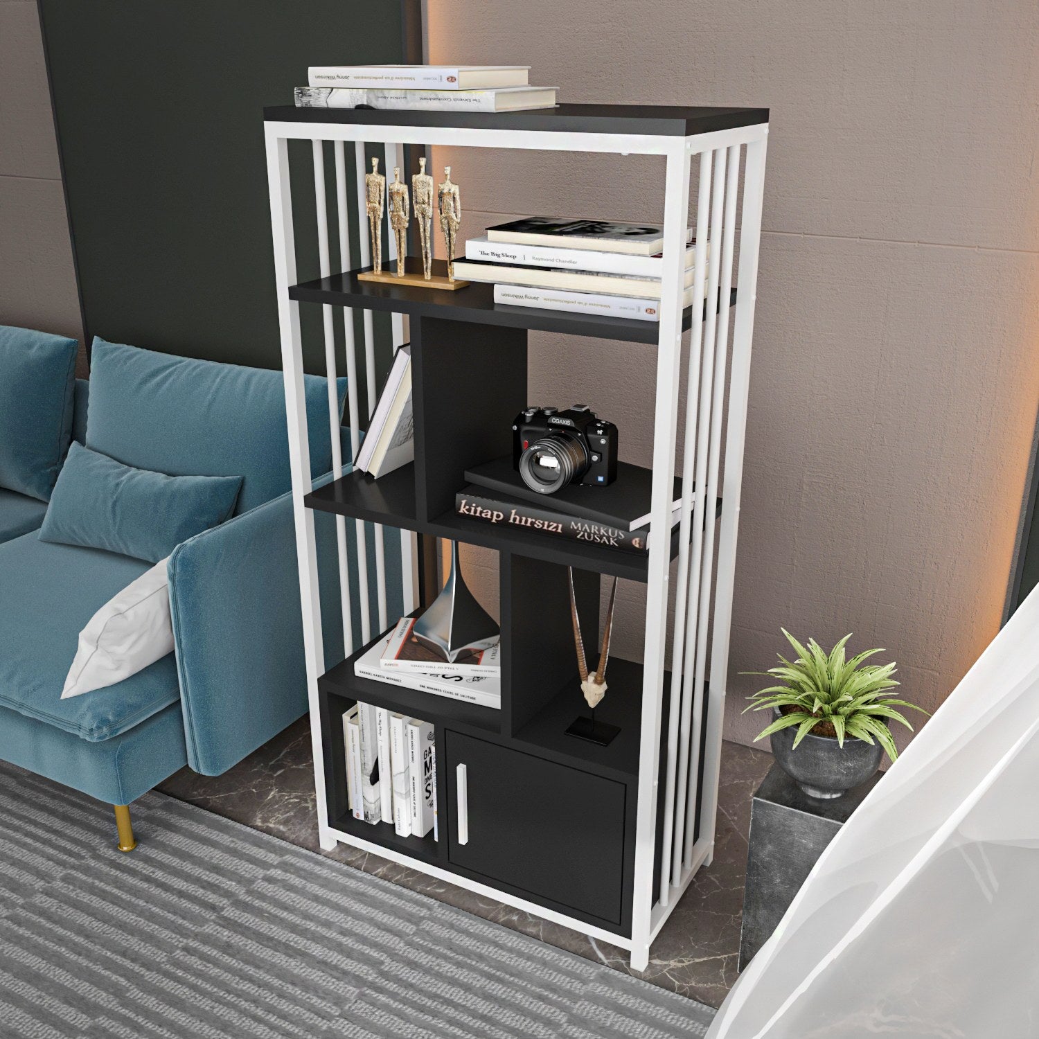 Estante elegante em preto e branco, 60 cm x 120 cm x 29,6 cm | Painel de partículas 100% revestido em melamina, 18 mm de espessura | Perfeita para decoração moderna de casa e escritório