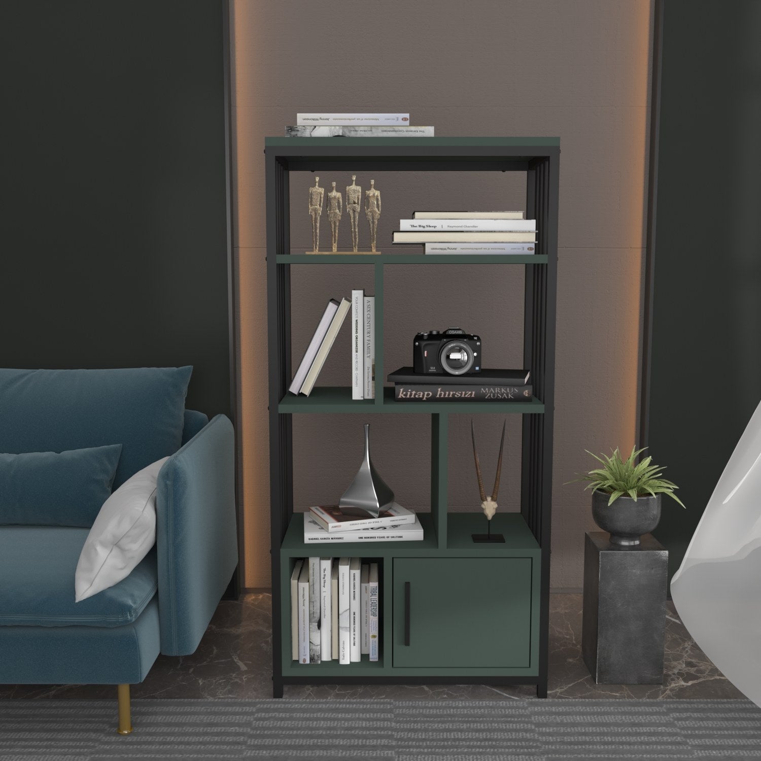 Estante elegante em preto e verde, 60 cm x 120 cm x 29,6 cm | Painel de partículas 100% revestido em melamina, 18 mm de espessura | Perfeita para decoração moderna de casa e escritório