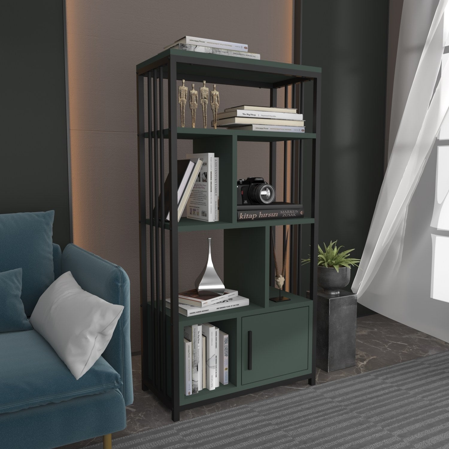 Estante elegante em preto e verde, 60 cm x 120 cm x 29,6 cm | Painel de partículas 100% revestido em melamina, 18 mm de espessura | Perfeita para decoração moderna de casa e escritório