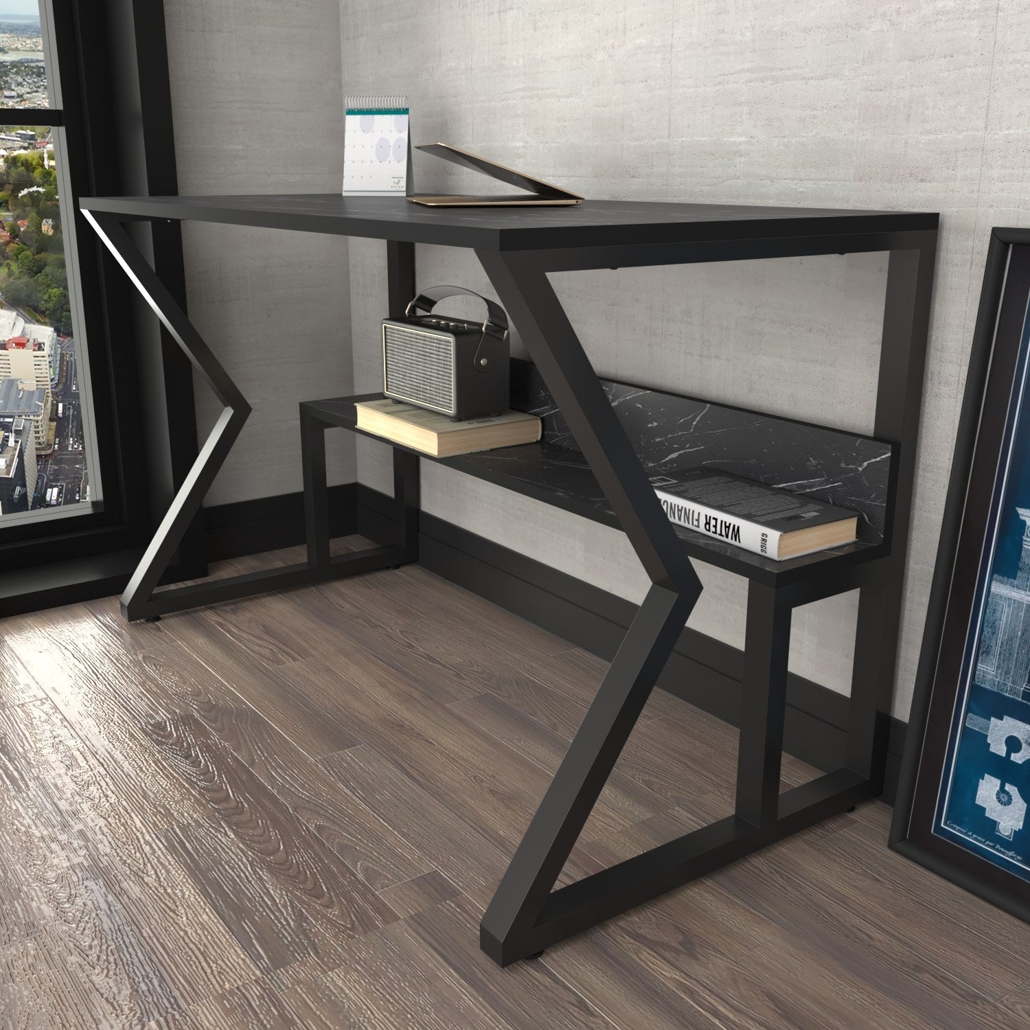 Secretária de Estudo/Escritório Elegante, Mármore e Preto, 120 x 60 x 72,8 cm | Painel de Partículas 100% Revestido em Melamina, 18 mm de Espessura | Perfeita para Escritórios e Salas de Estudo Modernos