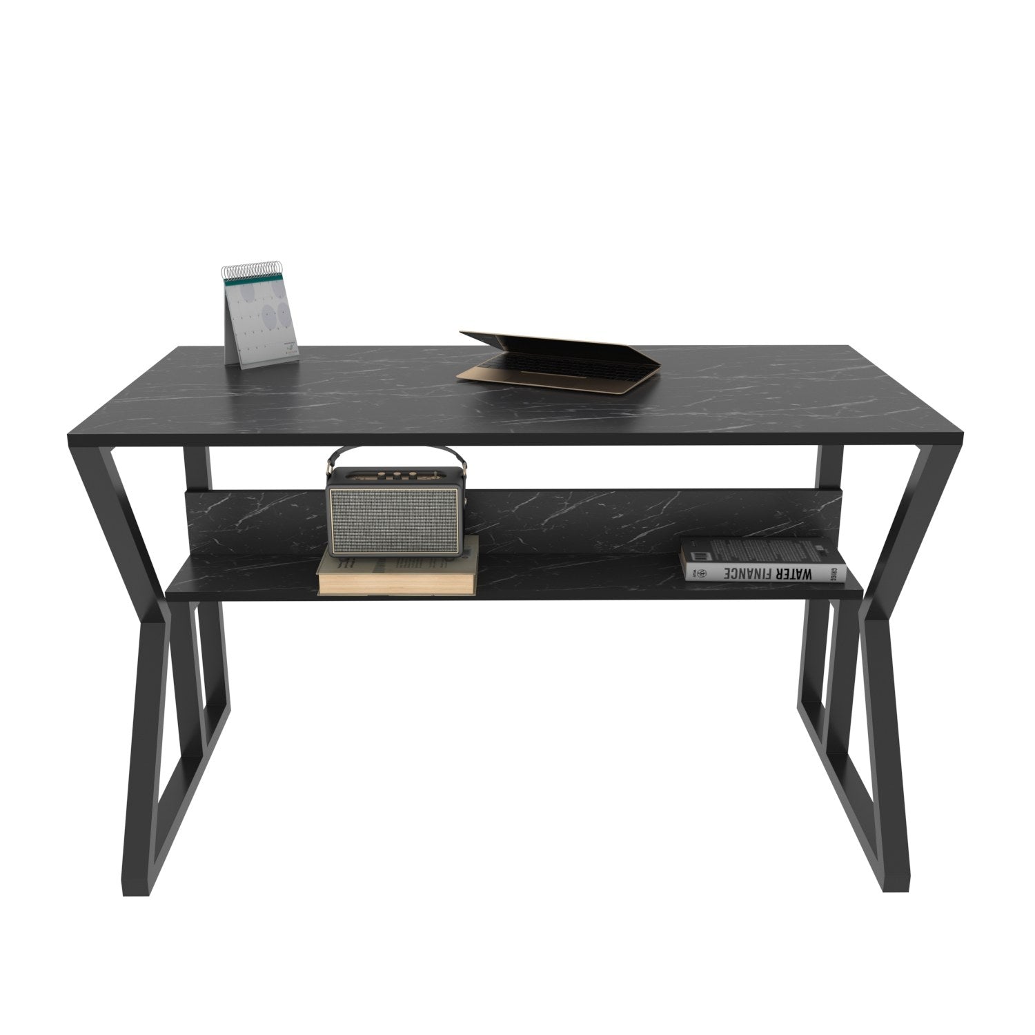 Secretária de Estudo/Escritório Elegante, Mármore e Preto, 120 x 60 x 72,8 cm | Painel de Partículas 100% Revestido em Melamina, 18 mm de Espessura | Perfeita para Escritórios e Salas de Estudo Modernos