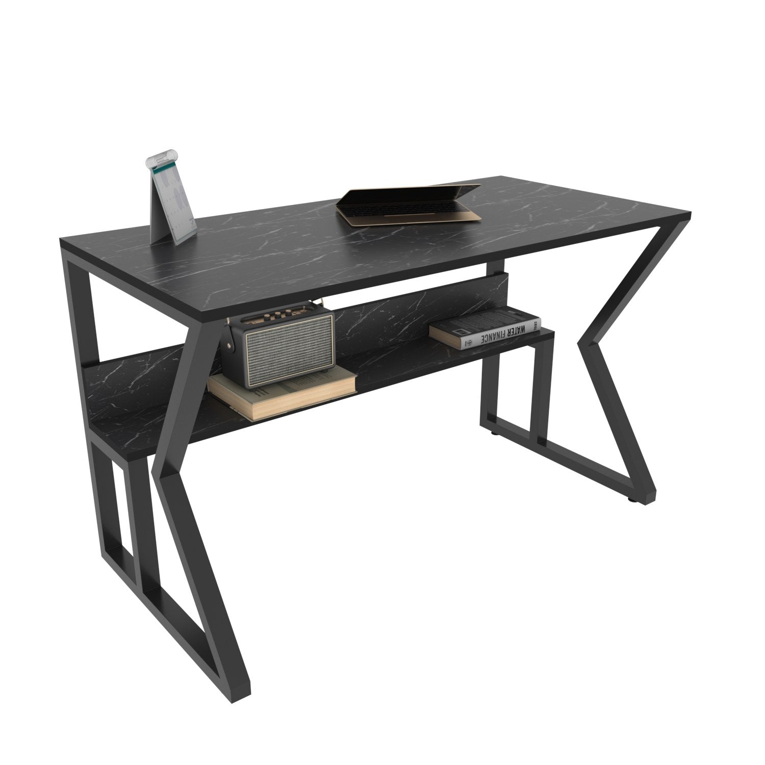 Secretária de Estudo/Escritório Elegante, Mármore e Preto, 120 x 60 x 72,8 cm | Painel de Partículas 100% Revestido em Melamina, 18 mm de Espessura | Perfeita para Escritórios e Salas de Estudo Modernos