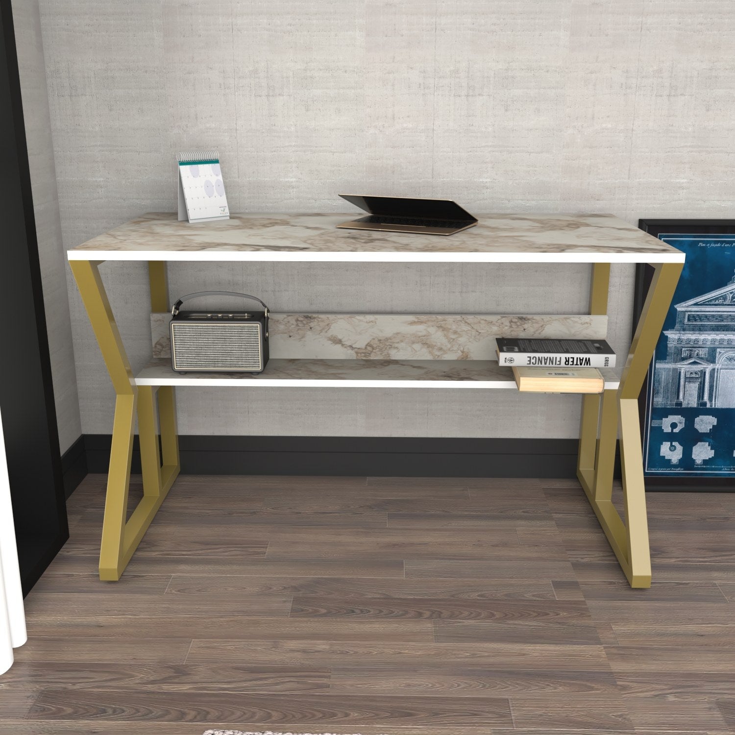 Secretária de Estudo/Escritório Elegante, Branca e Dourada, 120 x 60 x 72,8 cm | Painel de Partículas 100% Revestido em Melamina, 18 mm de Espessura | Perfeita para Escritórios e Salas de Estudo Modernos