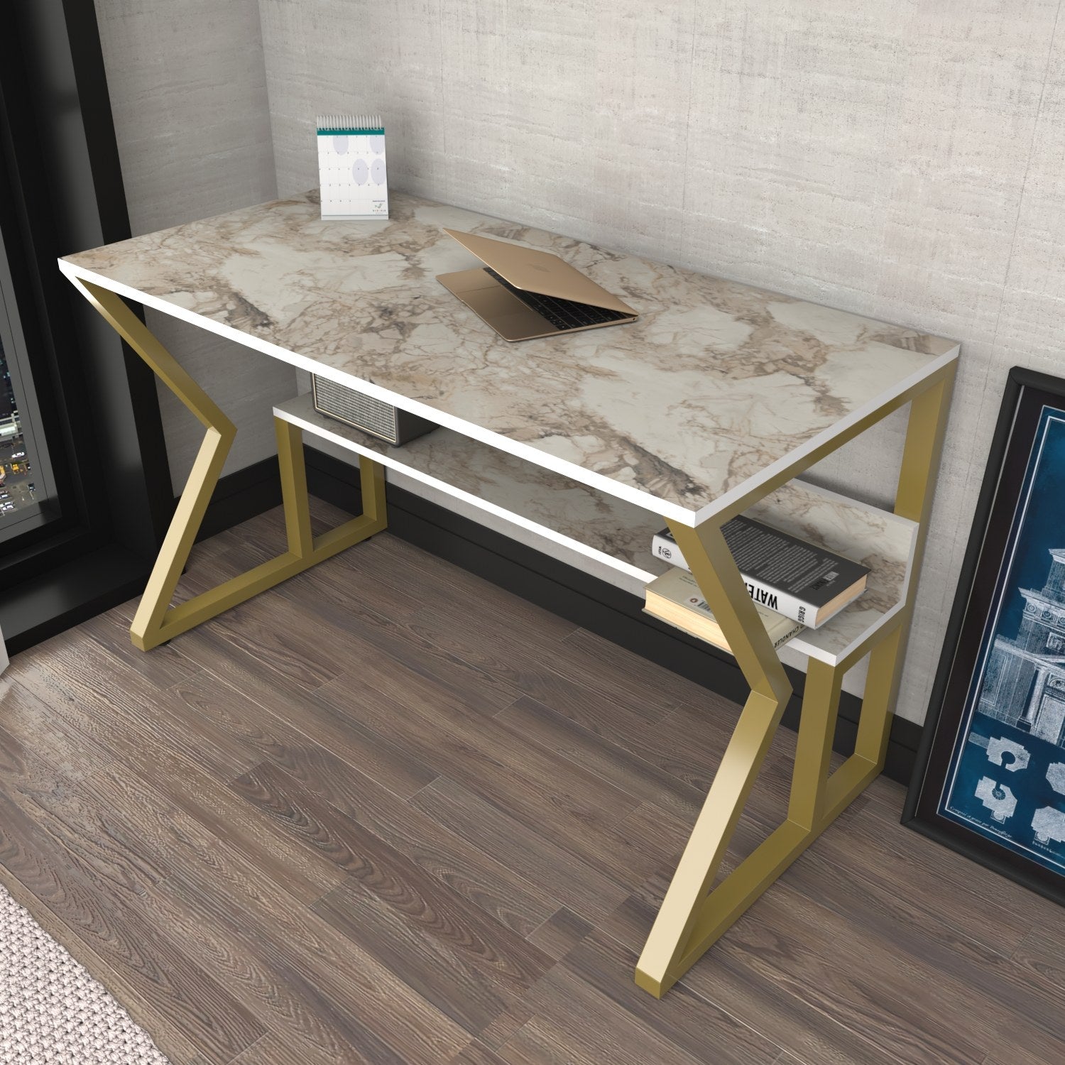 Secretária de Estudo/Escritório Elegante, Branca e Dourada, 120 x 60 x 72,8 cm | Painel de Partículas 100% Revestido em Melamina, 18 mm de Espessura | Perfeita para Escritórios e Salas de Estudo Modernos