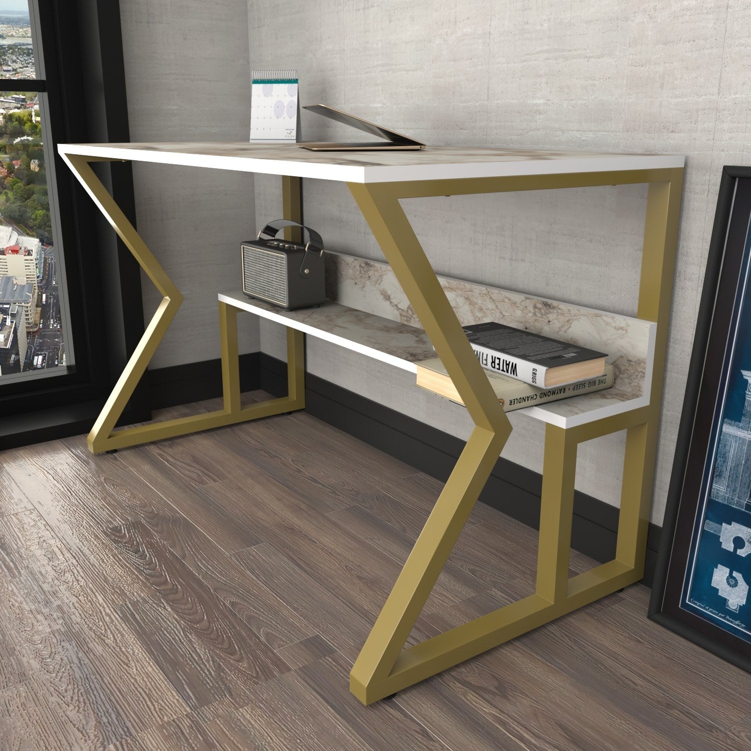 Secretária de Estudo/Escritório Elegante, Branca e Dourada, 120 x 60 x 72,8 cm | Painel de Partículas 100% Revestido em Melamina, 18 mm de Espessura | Perfeita para Escritórios e Salas de Estudo Modernos