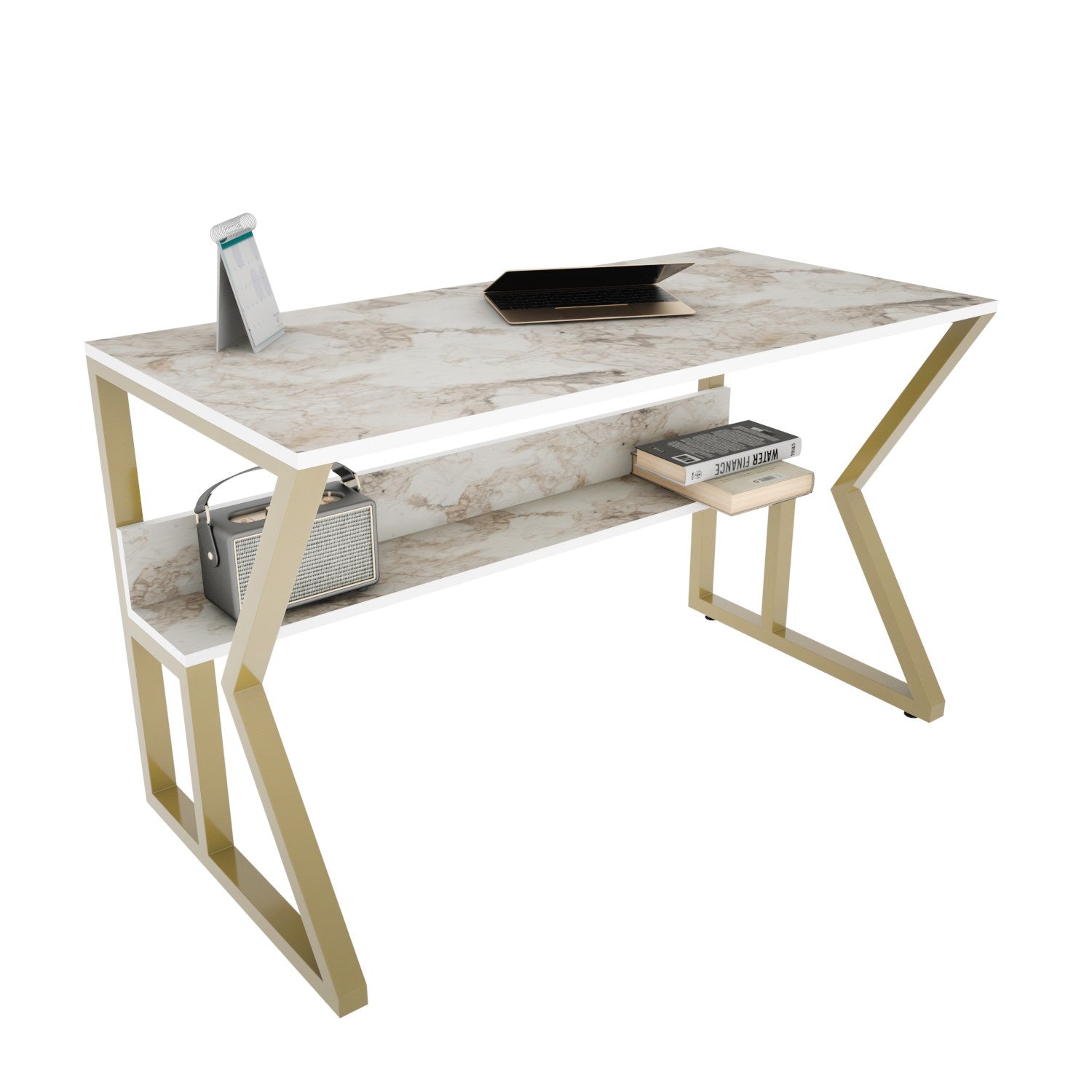 Secretária de Estudo/Escritório Elegante, Branca e Dourada, 120 x 60 x 72,8 cm | Painel de Partículas 100% Revestido em Melamina, 18 mm de Espessura | Perfeita para Escritórios e Salas de Estudo Modernos