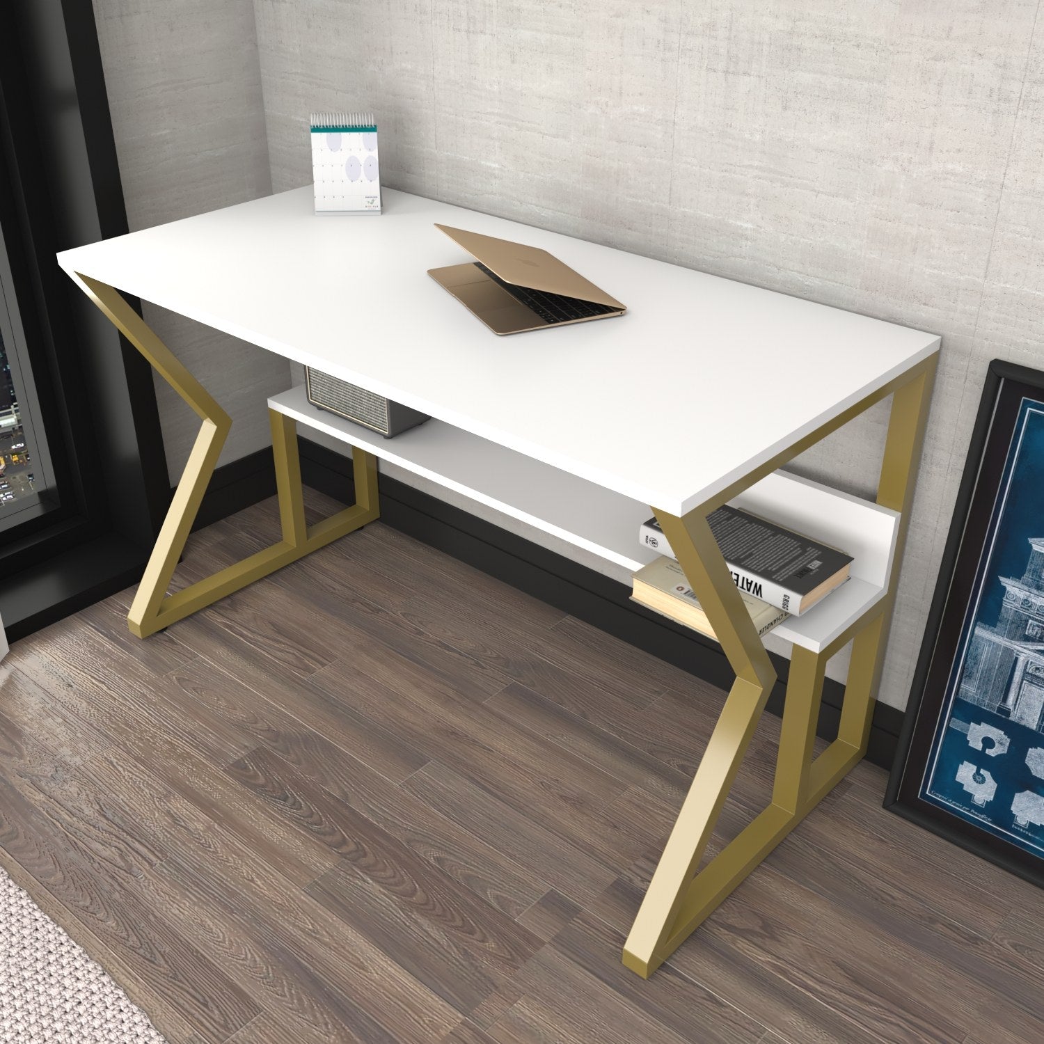 Secretária de Estudo/Escritório Elegante, Branca e Dourada, 120 x 60 x 72,8 cm | Painel de Partículas 100% Revestido em Melamina, 18 mm de Espessura | Perfeita para Escritórios e Salas de Estudo Modernos