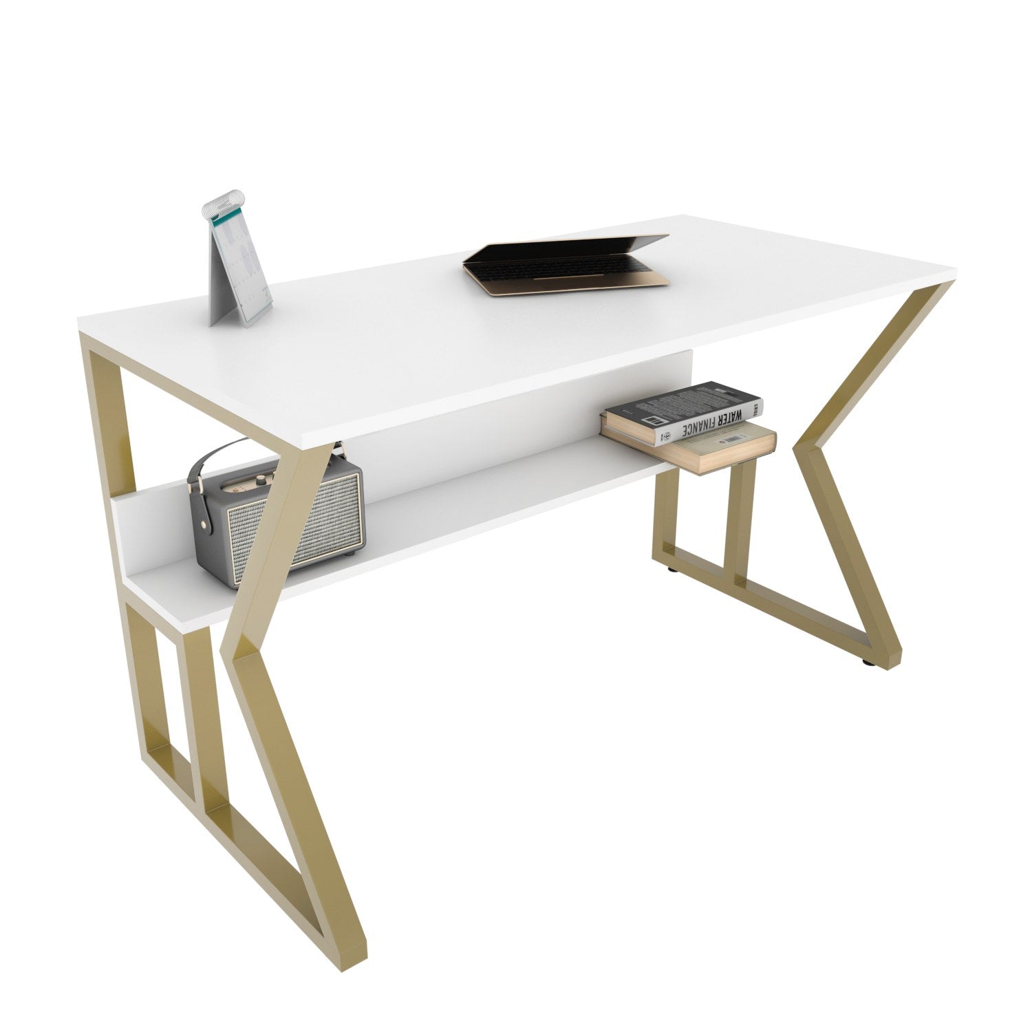 Secretária de Estudo/Escritório Elegante, Branca e Dourada, 120 x 60 x 72,8 cm | Painel de Partículas 100% Revestido em Melamina, 18 mm de Espessura | Perfeita para Escritórios e Salas de Estudo Modernos