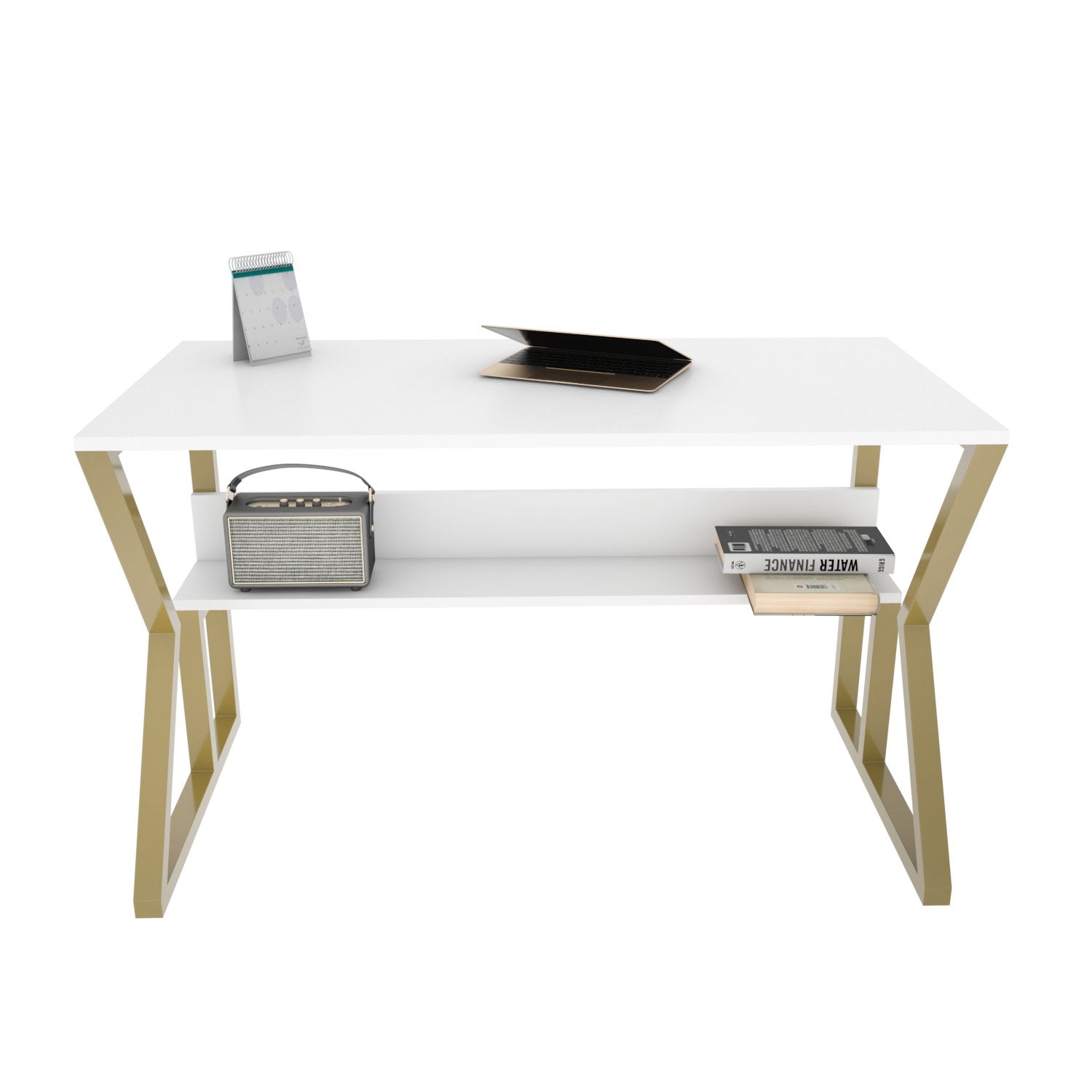 Secretária de Estudo/Escritório Elegante, Branca e Dourada, 120 x 60 x 72,8 cm | Painel de Partículas 100% Revestido em Melamina, 18 mm de Espessura | Perfeita para Escritórios e Salas de Estudo Modernos