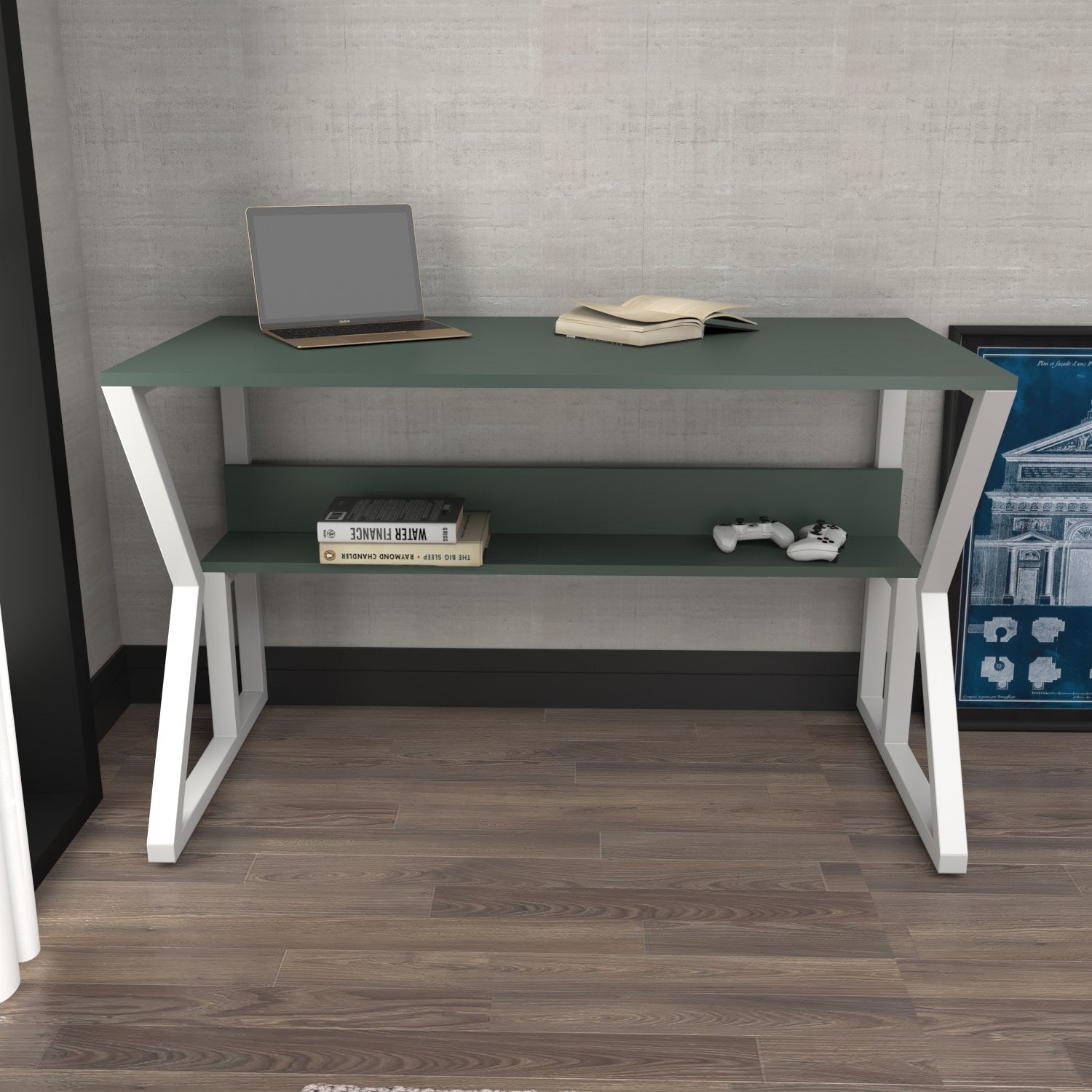 Secretária de Estudo/Escritório Elegante, Verde e Branca, 120 x 72,8 x 60 cm | Painel de Partículas 100% Revestido em Melamina, 18 mm de Espessura | Perfeita para Escritórios e Salas de Estudo Modernos